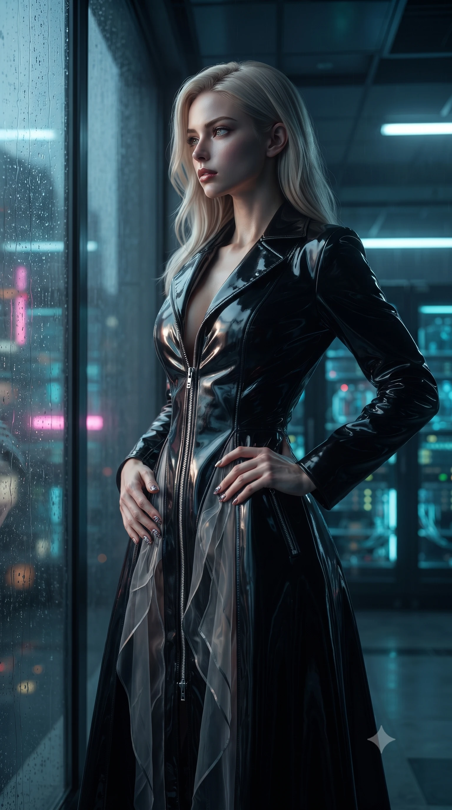 score_9, masterpiece, best quality, ultra-detailed, High-budget Anime Keyframe, editorial fashion photography, tasteful artistic composition, realistic cosplay photography, Caucasian woman, strictly human ears. Low angle cowboy shot filling the entire 9:16 frame with her statuesque presence. Scenario 307: looking out at the rain through a wet glass window near a high-tech laboratory with rows of water-cooled server racks. Her presence is magnetic and overpowering in this high-budget cinematic scene. Outfit 307: a tailored patent leather long with a unzipped detail and translucent layers. The clothing is designed to emphasize her exceptionally tall and slender 8-heads proportion. 8-heads proportion, towering silhouette, ultra-slim waist. sharp v-shaped jawline, intricate jewel-like eyes with depth, thick eyelashes, glossy lips. ultra-reflective glossy finish, specular highlights, metallic sheen, high-contrast stereoscopic depth, volumetric dynamic lighting, 2k, ultra detail, master piece, 9:16 ratio