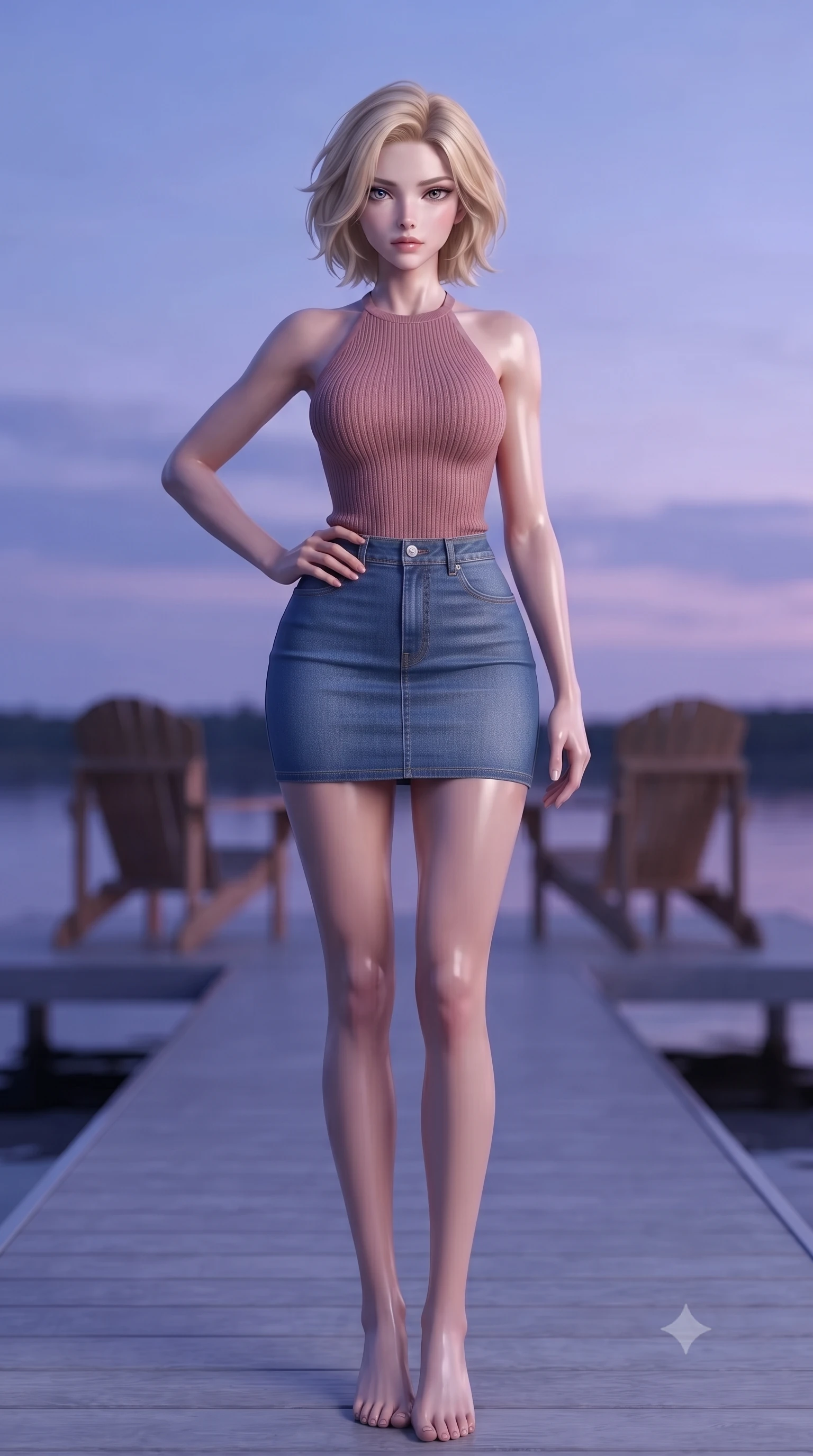 score_9, masterpiece, best quality, ultra-detailed, high-budget anime keyframe, editorial fashion photography, tasteful artistic composition, Caucasian woman. low angle full-body shot from head to toe showing her feet, filling the entire 9:16 vertical frame with her statuesque presence, stretching her vertical silhouette. posing confidently with one hand on her hip, stretching her statuesque body to emphasize her curves the background shows a soft-focus a private lakeside pier extending from a glamping site, with two wooden chairs. She has an absolutely perfect, statuesque 8.5-heads proportion, an exceptionally tall and slender model-like female figure with impossibly long slender legs and an ultra-slim waist. sharp v-shaped jawline, high-bridge nose, intricate jewel-like eyes with depth, thick eyelashes, glossy lips with a natural sheen. wearing a body-hugging form-fitting ribbed knit halter top in dusty rose, paired with a tight-fitting denim skirt. the serene purple and blue hues of twilight reflecting on the still water. ultra-reflective glossy finish, specular highlights, metallic sheen, high-contrast stereoscopic depth, volumetric dynamic lighting, 2k, ultra detail, master piece, 9:16 ratio