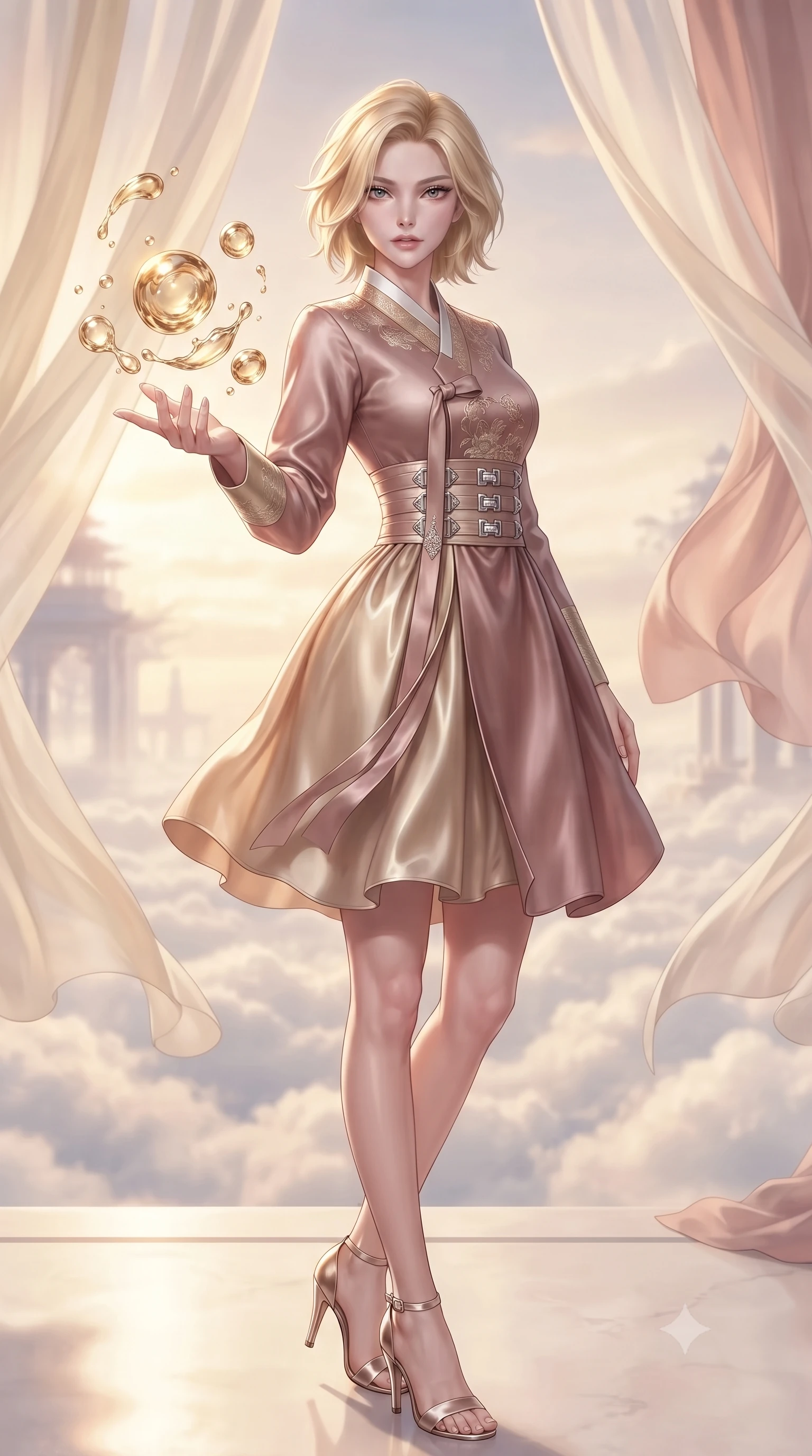 score_9, masterpiece, best quality, ultra-detailed, high-budget anime keyframe, editorial fashion photography, tasteful artistic composition, Caucasian woman. close-up cowboy shot from the waist and thighs up, the character dominates the composition, filling the frame with her large presence, background elements kept in soft focus. Reaching one hand gracefully toward the viewer with effortless superiority and allure interacting with floating golden water Orbs in a cloudtop palace court, translucent silk curtains drifting lazily in a warm sky breeze. She has an exceptionally elegant, slender, and willowy female figure with an ultra-slim waist, a gracefully sculpted slender torso, and a refined silhouette. sharp v-shaped jawline, high-bridge nose, intricate jewel-like eyes with depth, thick eyelashes, glossy lips with a natural sheen. wearing a modern fusion silk hanbok dress with a structured bodice in dusty rose and champagne gold, crafted from lustrous satin jersey with fluid draping, detailed with polished silver buckles along the waistline, the tailored fabric tightly following every curve of her athletic build. lit by brilliant warm key light softening into smooth, elegant gradients. ultra-reflective glossy finish, specular highlights, metallic sheen, high-contrast stereoscopic depth, volumetric dynamic lighting, 2k, ultra detail, master piece, 9:16 ratio