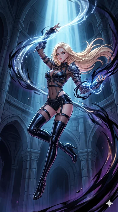 score_9, masterpiece, best quality, ultra-detailed, high-budget anime movie keyframe, cinematic anime lighting, intricate line art, Korean woman. Mid-air action shot capturing a graceful twist and vertical silhouette. weaving armor out of moonlight a