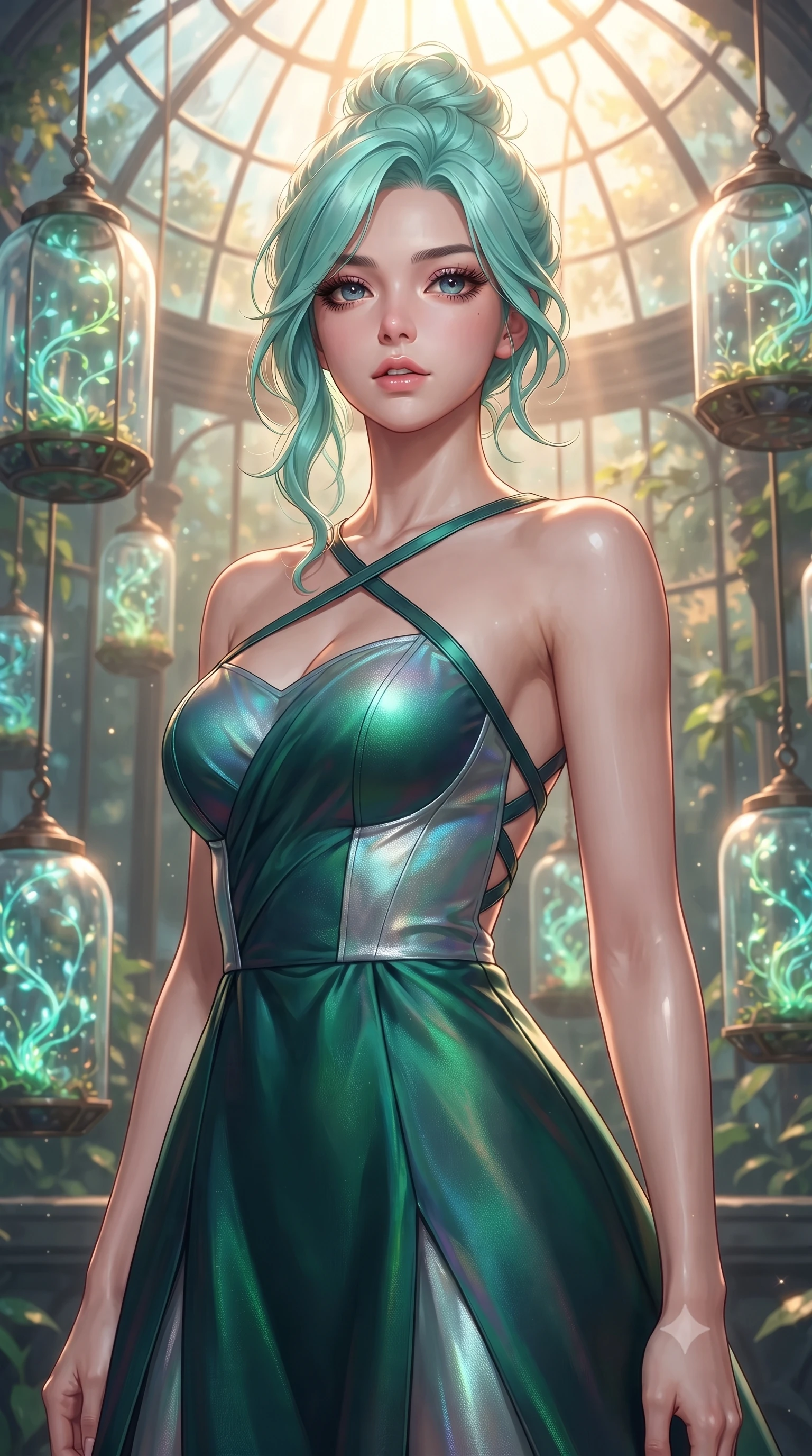 score_9, masterpiece, best quality, ultra-detailed, high-budget anime keyframe, editorial fashion photography, tasteful artistic composition, Japanese woman. close-up cowboy shot from the waist and thighs up, the character dominates the composition, filling the frame with her large presence, background elements kept in soft focus. Tilting her chin up slightly with lips parted in a magnetic, composed expression surrounded by floating glass terrariums and radiant biomorphic vines, intense volumetric sunbeams filtering through the glass ceiling. She has an exceptionally elegant, slender, and willowy female figure with an ultra-slim waist, a gracefully sculpted slender torso, and a refined silhouette. sharp v-shaped jawline, high-bridge nose, intricate jewel-like eyes with depth, thick eyelashes, glossy lips with a natural sheen. wearing a modern fusion silk hanbok dress with a structured bodice in deep emerald green and silver accent, crafted from iridescent chiffon that shifts colors in the light, complemented by criss-cross back straps highlighting her bare shoulders, the tailored fabric tightly following every curve of her athletic build. lit by warm golden-hour rays cascading through crystalline glass panes. ultra-reflective glossy finish, specular highlights, metallic sheen, high-contrast stereoscopic depth, volumetric dynamic lighting, 2k, ultra detail, master piece, 9:16 ratio
