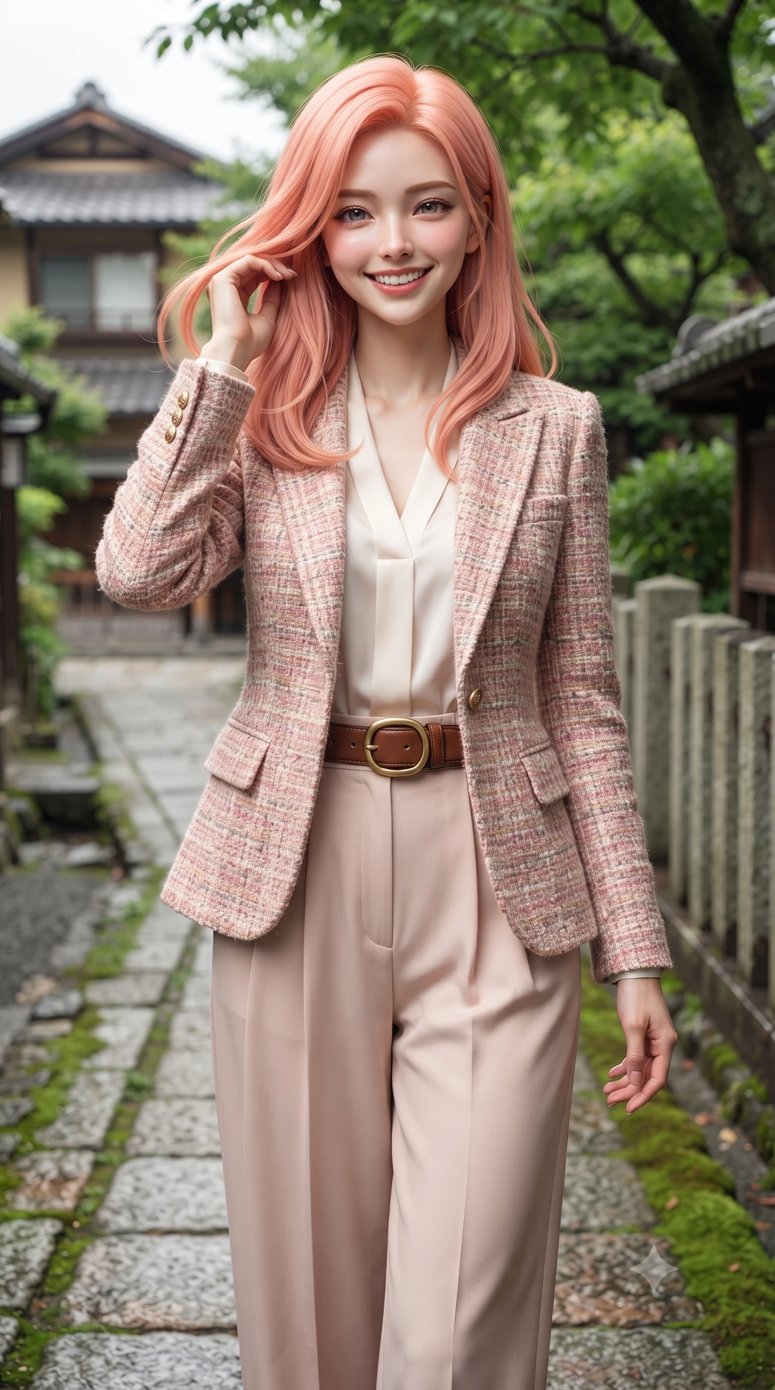 score_9, masterpiece, best quality, ultra-detailed, high-budget anime keyframe, editorial fashion photography, tasteful artistic composition, Japanese woman. close-up cowboy shot from the waist and thighs up, the character dominates the composition, filling the frame with her large presence. gently brushing a lock of hair behind her ear with one hand while flashing a radiant, joyful smile while stepping gracefully along the moss-bordered stone path, her minimalist tailored coat creating a striking, slender vertical line. The surrounding environment is rendered in vivid detail and crisp panoramic clarity: detailed stand-collar wool jacket tailoring, minimalist button placket, and historic Kyoto trail craft in high resolution. She has an exceptionally elegant, slender, and willowy female figure with an ultra-slim waist, flat toned midriff, narrow ribcage, and sculpted feminine hips creating an alluring, slim hourglass silhouette without bulk. sharp v-shaped jawline, high-bridge nose, intricate jewel-like sparkling eyes with depth, thick eyelashes, glossy parted lips with a natural peach sheen, bright cheerful beaming smile with an enchanting and coquettish sensual glint, exuding both youthful cute charm and seductive allure, flawlessly proportioned anatomical accuracy, strict slender model proportions, natural body alignment, perfectly sculpted long slender limbs, ultra-slim waistline, clean dynamic posture without body distortion. wearing a chic tailored smoking jacket blazer paired with fluid pleated palazzo trousers and a silk blouse base in Parisian pastel rose bouclé and cream pearl, tailored from heritage British Harris Tweed with rich multi-tonal yarn weave, finished with a smooth equestrian bridle-leather belt with a polished brass horseshoe buckle, the structured cinched belt emphasizing her narrow waistline and gracefully balanced proportions with timeless haute-couture polish. illuminated by soft green foliage bounce and crisp jade-gold rim lights sculpting her razor-sharp jawline and tall willowy frame. ultra-reflective glossy finish, specular highlights, rich textural contrasts, high-contrast stereoscopic depth, volumetric dynamic lighting, 2k, ultra detail, master piece, 9:16 ratio