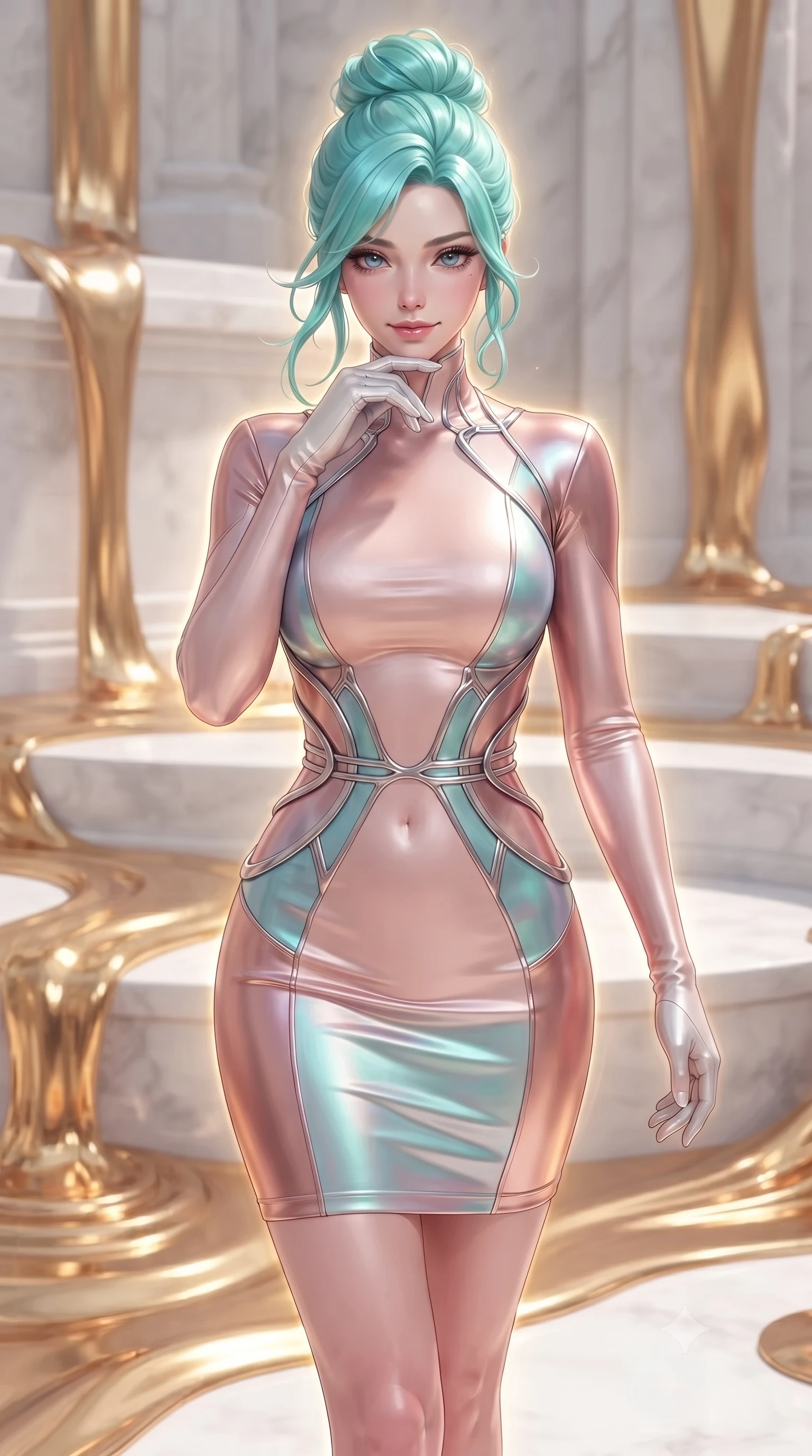 score_9, masterpiece, best quality, ultra-detailed, high-budget anime keyframe, editorial fashion photography, tasteful artistic composition, Japanese woman. close-up cowboy shot from the waist and thighs up, the character dominates the composition, filling the frame with her large presence, background elements kept in soft focus. Resting her chin on the backs of her fingers with an air of effortless superiority, walking across a white limestone terrace surrounded by flowing liquid gold streams, viscous liquid gold ripples casting warm metallic specular highlights. She has an exceptionally elegant, slender, and willowy female figure with an ultra-slim waist, a gracefully sculpted slender torso, and a refined silhouette. sharp v-shaped jawline, high-bridge nose, intricate jewel-like eyes with depth, thick eyelashes, glossy lips with a natural sheen. wearing aerodynamic second-skin rose-gold metallic bodycon dress in soft blush pink, made of iridescent turquoise taffeta, highlighted by a platinum metallic harness structure, the fitted fabric emphasizing her ultra-slim waist. surrounded by a glowing golden aura with sharp metallic rim lights. ultra-reflective glossy finish, specular highlights, metallic sheen, high-contrast stereoscopic depth, volumetric dynamic lighting, 2k, ultra detail, master piece, 9:16 ratio