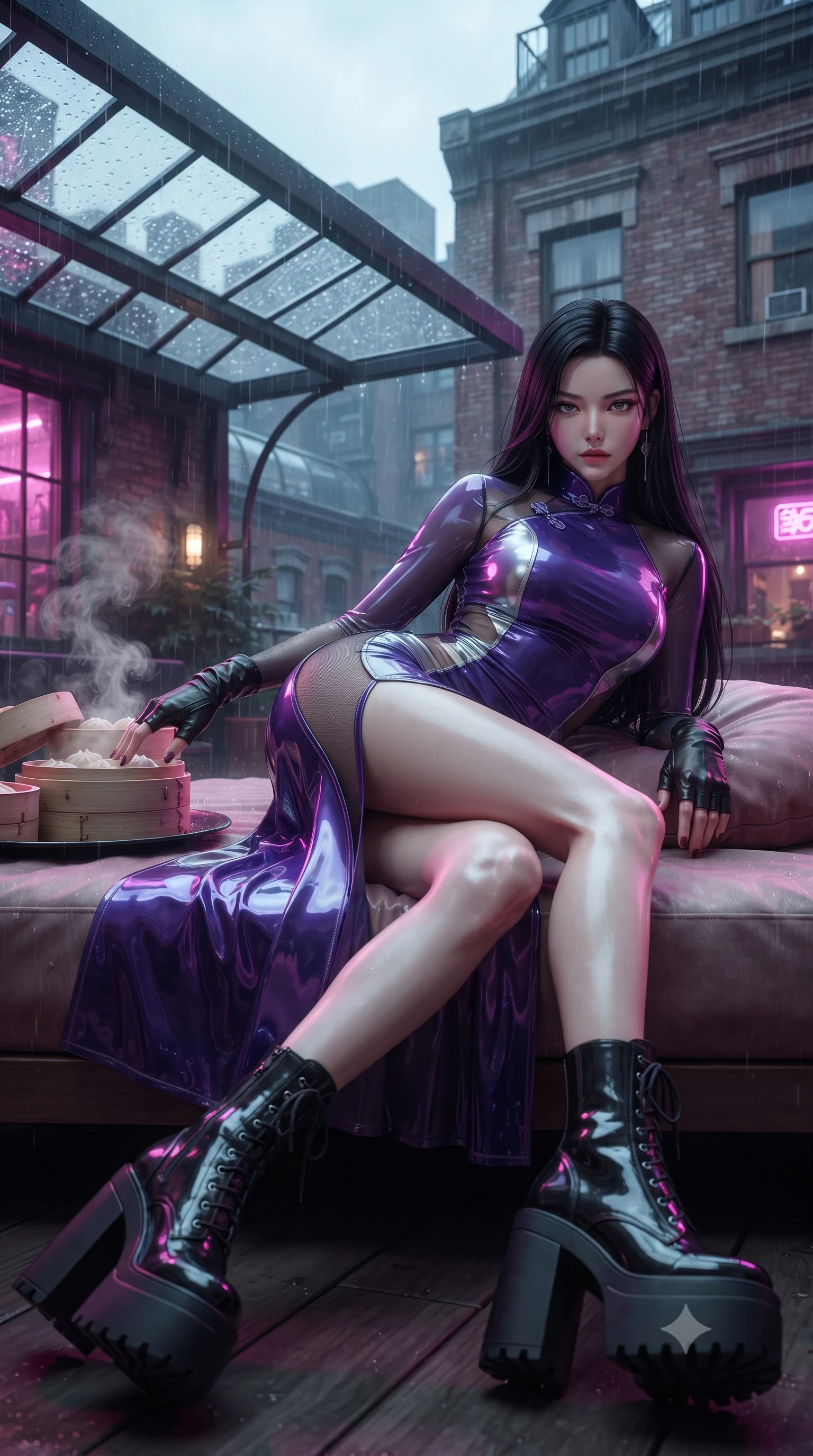 score_9, masterpiece, best quality, ultra-detailed, high-budget anime keyframe, editorial fashion photography, tasteful artistic composition, Korean woman. low angle full-body shot from head to toe showing her feet, filling the entire 9:16 vertical frame with her statuesque presence, stretching her vertical silhouette. reclining on her side in an elegant Cleopatra pose with one knee drawn up, the dramatic contour of her rounded hips and long slender legs commanding the 9:16 vertical frame while striding across the neon-drenched rooftop deck as steam curls from dim sum bamboo steamers, her high-slit dress fluttering to reveal her long slender legs. The composition keeps background elements in soft focus with creamy bokeh. rain-streaked glass awnings and weathered brick penthouse facades softened in moody cinematic focus. She has an absolutely perfect, statuesque 8.5-heads proportion, an exceptionally tall and slender model-like female figure with impossibly long slender legs, a toned flat midriff, an ultra-slim waist, and beautifully sculpted feminine hips. sharp v-shaped jawline, high-bridge nose, intricate jewel-like eyes with depth, thick eyelashes, glossy parted lips with a natural sheen, intensely captivating and seductive bedroom-eyes expression, flawlessly proportioned anatomical accuracy, strict slender model proportions, natural body alignment, perfectly sculpted long slender limbs, ultra-slim waistline, clean dynamic posture without body distortion. wearing a second-skin vinyl cheongsam catsuit with sheer mesh side panels tracing the full curve of her hip in toxic ultraviolet purple and chrome silver, tailored from second-skin aerodynamic stretch vinyl with specular wet sheen, accessorized with bold platform boots and fingerless leather gloves, the glove-like aerodynamic silhouette tightly following the natural contour of her hips and long slender legs with statuesque precision. surrounded by an enigmatic, sultry, and breathtakingly hypnotic cyber-femme fatale aura. ultra-reflective glossy finish, specular highlights, rich textural contrasts, high-contrast stereoscopic depth, volumetric dynamic lighting, 2k, ultra detail, master piece, 9:16 ratio