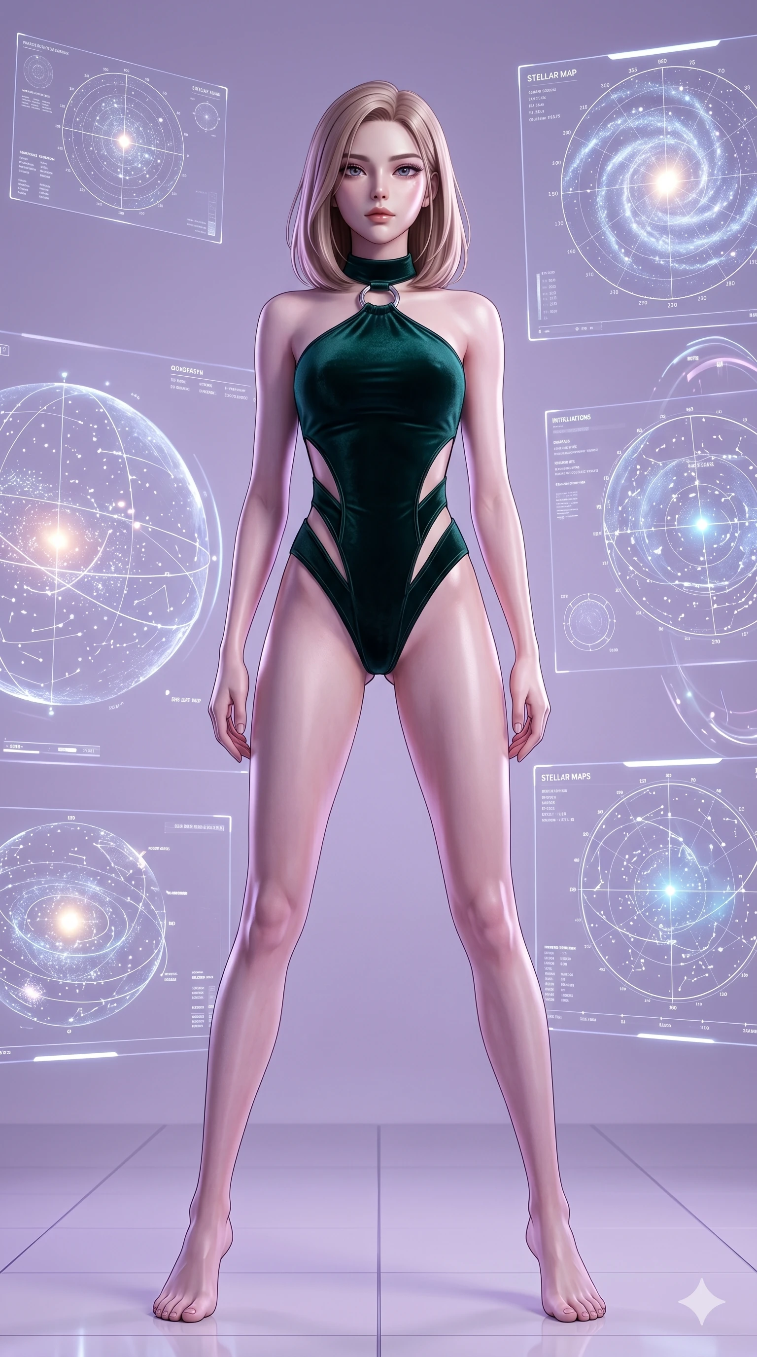 score_9, masterpiece, best quality, ultra-detailed, high-budget anime keyframe, editorial fashion photography, tasteful artistic composition, Korean woman. low angle full-body shot from head to toe showing her feet, filling the entire 9:16 vertical frame with her statuesque presence, stretching her vertical silhouette. Standing tall and proud with her feet apart, her powerful stance commanding the space inside a virtual classroom displaying interactive three-dimensional stellar maps. She has an absolutely perfect 8-heads proportion, an exceptionally tall and slender female figure with impossibly long slender legs and an ultra-slim waist. V-shaped jawline, high-bridge nose, intricate jewel-like eyes with depth, thick eyelashes, glossy lips with a natural sheen. wearing an asymmetric dark-emerald velvet bodysuit with a structured silver ring collar and diagonal side cutouts. illuminated by a soft lavender ambient glow paired with a sharp white side key light on her face. 2k, ultra detail, master piece, 9:16 ratio