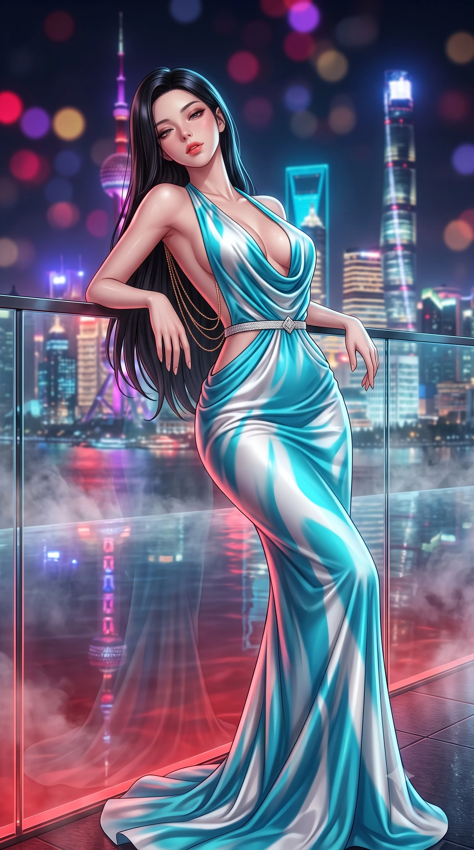 score_9, masterpiece, best quality, ultra-detailed, high-budget anime keyframe, semi-realistic 3D game render, editorial fashion photography, tasteful artistic composition, Korean woman. close-up cowboy shot from the waist and thighs up, the character dominates the composition, filling the frame with her large presence. leaning back against the balustrade with relaxed seductive grace, head tilted back slightly while casting a hypnotic, heavy-lidded gaze while leaning against the infinity edge glass wall overlooking the Bund with hips cocked back, looking through rising mineral steam with an intoxicating bedroom-gaze. The background shows a soft-focus neon Pudong skyscrapers reflecting upside-down in calm pool water, rain-slicked Bund colonial buildings, and dark night sky blurred into ruby, electric violet, and gold bokeh. She has an exceptionally elegant, slender, and willowy female figure with an ultra-slim waist, flat toned midriff, narrow ribcage, and sculpted feminine hips creating an alluring, slim hourglass silhouette without bulk. sharp v-shaped jawline, high-bridge nose, sparkling eyes with hypnotic seductive depth, thick curled eyelashes, glossy parted lips with a natural dewy peach sheen, alluring bedroom-eyes with an enchanting coquettish smile, exuding magnetic siren charisma and sophisticated glamour, flawlessly proportioned anatomical accuracy, strict slender model proportions, natural body alignment, perfectly sculpted long slender limbs, ultra-slim waistline, clean dynamic posture without body distortion. wearing a plunging cowl-neck liquid silk evening gown with dramatic train and diamond-accented waist cinch in Maldives ocean cyan and shimmering pearl white, tailored from fine structural neoprene with crisp architectural edges and smooth contouring, accented with an open-back drape framed by falling strands of delicate gold chains, the second-skin tailored fabric adhering flawlessly to her sculpted flat midriff and slender torso, emphasizing her long leg lines and perfectly proportioned willowy build. bathed in warm underwater crimson pool illumination paired with cold neon cyan ambient skyline glow. highly saturated vibrant anime colors, detailed shading with soft gradients, rich glossy textures, high-contrast stereoscopic depth, volumetric dynamic lighting, master piece, 9:16 ratio
