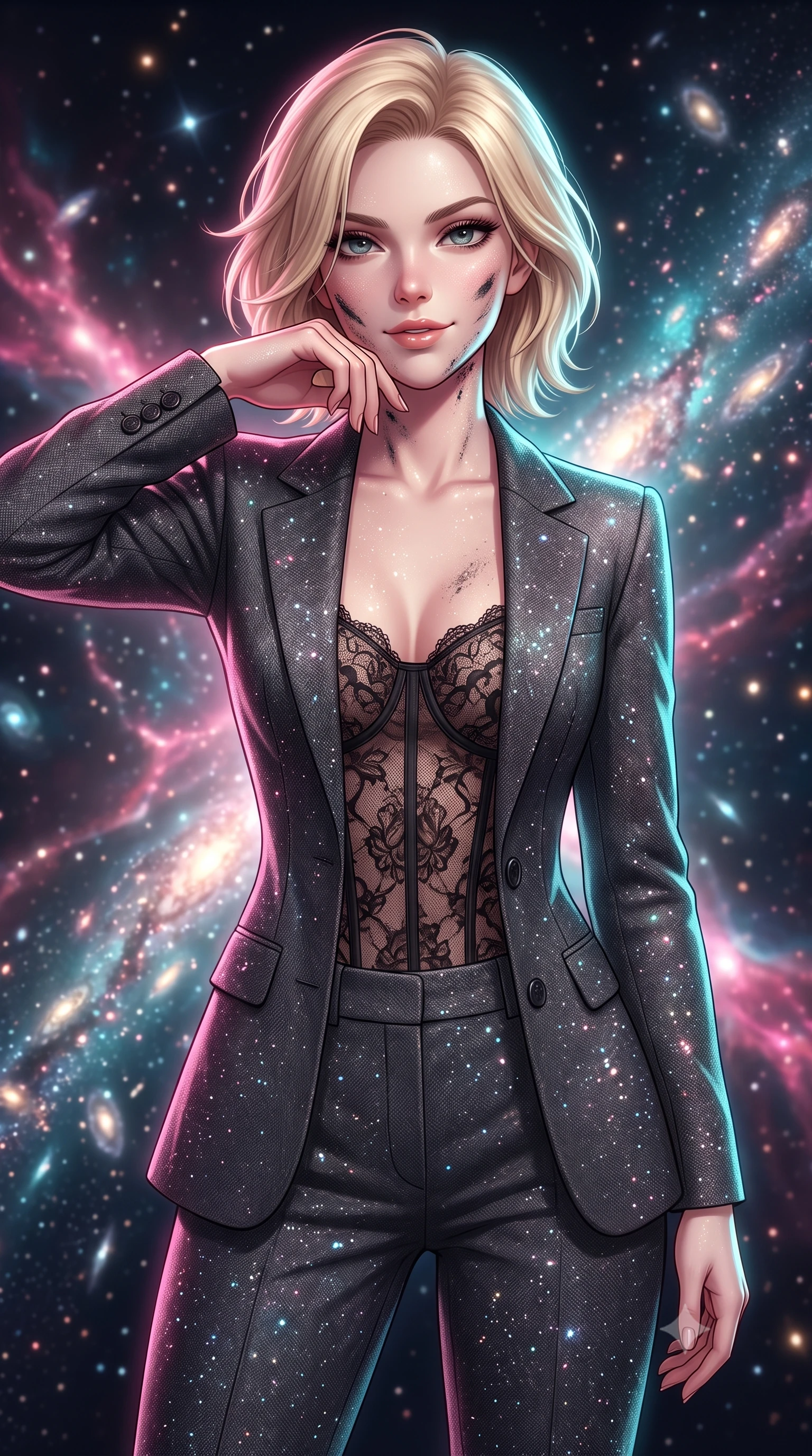 score_9, masterpiece, best quality, ultra-detailed, high-budget anime keyframe, editorial fashion photography, tasteful artistic composition, Caucasian woman, strictly human ears. close-up cowboy shot from the waist and thighs up, the character dominates the composition, filling the frame with her large presence, background elements kept in soft focus. Defiantly wiping oil and stardust from her jawline with a confident, victorious smirk. set against a soft-focus background of the intersection of massive intergalactic gas filaments, streams of galaxies flowing like glowing rivers in the dark. She has an exceptionally elegant and slender, willowy female figure with an ultra-slim waist, a gracefully sculpted slender torso, and a refined slim physique. sharp v-shaped jawline, high-bridge nose, intricate jewel-like eyes with depth, thick eyelashes, glossy lips with a natural sheen. wearing catching and diffusing the glowing particles, shimmering softly in response to the surrounding light, a form-contouring tailored grey wool blazer over a sheer black lace corset top, paired with charcoal tailored slacks. highly saturated vibrant anime colors, intense vivid color palette, soft 3D volumetric shading, volumetric dynamic lighting, starlight and nebula glow casting soft cosmic pink and cyan highlights on her form. 2k, ultra detail, master piece, 9:16 ratio