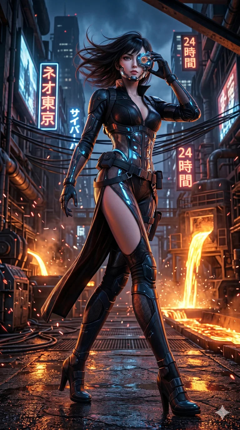 score_9, masterpiece, best quality, ultra-detailed, Photorealistic 8k CG, masterpiece, hyper-realistic SSS skin texture, cinematic ray-tracing, every pore and strand of hair rendered with extreme precision, 8k resolution, Japanese woman with delicate and elegant anime-inspired features. Dynamic full-body shot stretching the vertical silhouette, capturing her from a powerful low-angle perspective. Adjusting a glowing mechanical mask as a blizzard of digital sakura petals swirls violently around her in a high-tech Neo-Tokyo alleyway. She has an absolutely perfect 8-heads proportion, an exceptionally tall and slender female figure with impossibly long slender legs and an ultra-slim waist, her statuesque height and towering silhouette dominating the vertical 9:16 frame. Her face is a masterpiece featuring a sharp v-shaped jawline, high-bridge nose, intricate jewel-like eyes with depth, thick eyelashes, and glossy lips with a natural sheen. She is wearing a Sci-fi pilot flight suit with an open collar and strategically placed mesh panels crafted from Transparent PVC with a high-gloss finish that reveals the intricate layers beneath, with a dangerous high slit that showcases her impossibly long slender legs. The scene is set in a gritty industrial factory with glowing molten metal, flying sparks, and deep shadows, illuminated by cinematic lighting with dramatic rim light that highlights her slender silhouette. 2k, ultra detail, master piece, 9:16 ratio