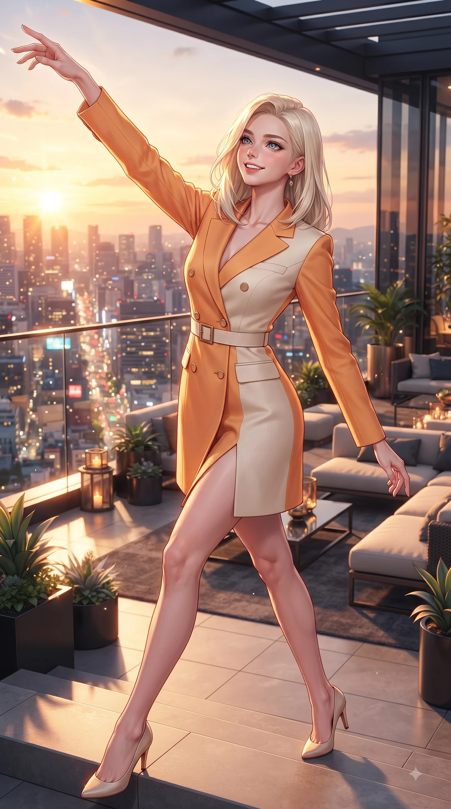 score_9, masterpiece, best quality, ultra-detailed, high-budget anime keyframe, editorial fashion photography, tasteful artistic composition, Caucasian woman. close-up cowboy shot from the waist and thighs up, the character dominates the composition, filling the frame with her large presence. Extending one arm in an elegant stretch toward the light while smiling with vibrant, youthful self-assurance while stepping gracefully onto an open-air rooftop terrace as sunset city lights twinkle below. The surrounding environment is rendered in vivid detail and crisp panoramic clarity. vibrant city lights and stylish terrace lounge decor captured with environmental precision. She has an exceptionally elegant, slender, and willowy female figure with an ultra-slim waist, a gracefully sculpted slender torso, and a refined silhouette. sharp v-shaped jawline, high-bridge nose, intricate jewel-like eyes with depth, thick eyelashes, glossy lips with a natural sheen, flawlessly proportioned anatomical accuracy, natural body alignment, perfectly sculpted elegant limbs, clean dynamic posture without body distortion. wearing a tailored double-breasted blazer dress with a sleek waist belt and clean lines in warm apricot orange and cream white, tailored from fine wool crepe with clean lines, featuring a sleek side leg slit ascending to mid-thigh, the elegant draped fit framing her graceful clavicle and slender torso. bathed in dramatic golden hour sunset glow and vibrant urban night lights. ultra-reflective glossy finish, specular highlights, metallic sheen, high-contrast stereoscopic depth, volumetric dynamic lighting, 2k, ultra detail, master piece, 9:16 ratio