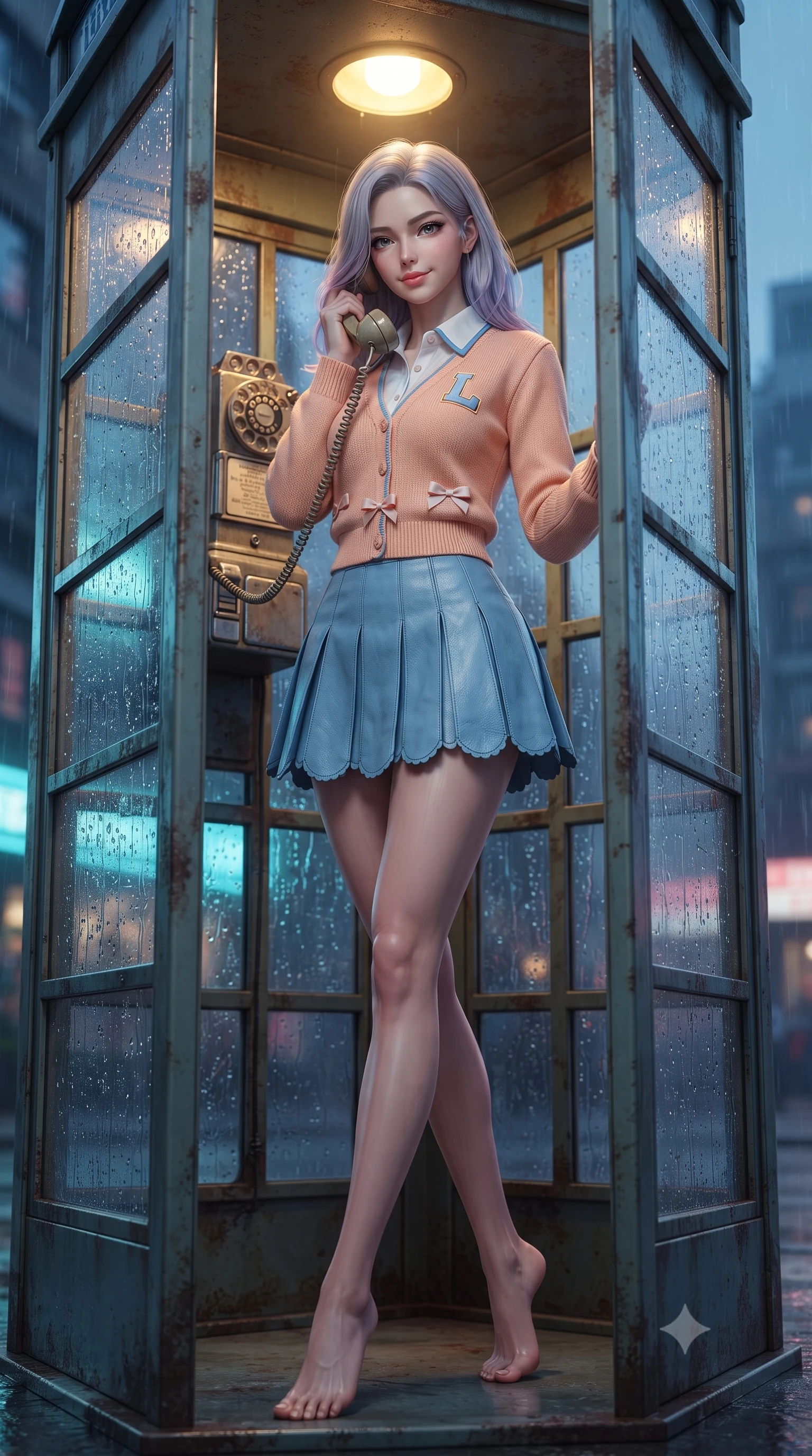 score_9, masterpiece, best quality, ultra-detailed, high-budget anime keyframe, editorial fashion photography, tasteful artistic composition, Caucasian woman. low angle full-body shot from head to toe showing her feet, filling the entire 9:16 vertical frame with her statuesque presence, stretching her vertical silhouette. landing lightly on the balls of her feet in a balanced kinetic stance, eyes locked onto the camera with fearless allure while standing inside a vintage glass telephone booth with raindrops streaming down the panes, holding the receiver with a gentle smile. The surrounding environment is rendered in vivid detail and crisp panoramic clarity. crisp water droplet tracks on glass, rotary dial telephone textures, and weathered metal booth frames in deep focus. She has an absolutely perfect, statuesque 8.5-heads proportion, an exceptionally tall and slender model-like female figure with impossibly long slender legs, a toned flat midriff, and an ultra-slim waist. sharp v-shaped jawline, high-bridge nose, intricate jewel-like eyes with depth, thick eyelashes, glossy lips with a natural sheen, captivating and magnetic expression, flawlessly proportioned anatomical accuracy, strict slender model proportions, natural body alignment, perfectly sculpted long slender limbs, ultra-slim waistline, clean dynamic posture without body distortion. wearing a preppy 80s varsity cardigan sweater layered over a crisp collared button-down shirt and a tennis pleated skirt in soft peach and French sky blue, crafted from distressed supple genuine leather and soft ribbed cotton knit, finished with a dainty waist ribbon bow and scalloped hemline trims, the glove-like aerodynamic second-skin fit tightly clinging to her ultra-slender waist and athletic curves without adding bulk, accentuating her razor-sharp statuesque lines and slim hourglass silhouette. bathed in cozy yellow interior phone booth lamp light contrasting with cool neon street reflections outside. ultra-reflective glossy finish, specular highlights, rich textural contrasts, high-contrast stereoscopic depth, volumetric dynamic lighting, 2k, ultra detail, master piece, 9:16 ratio