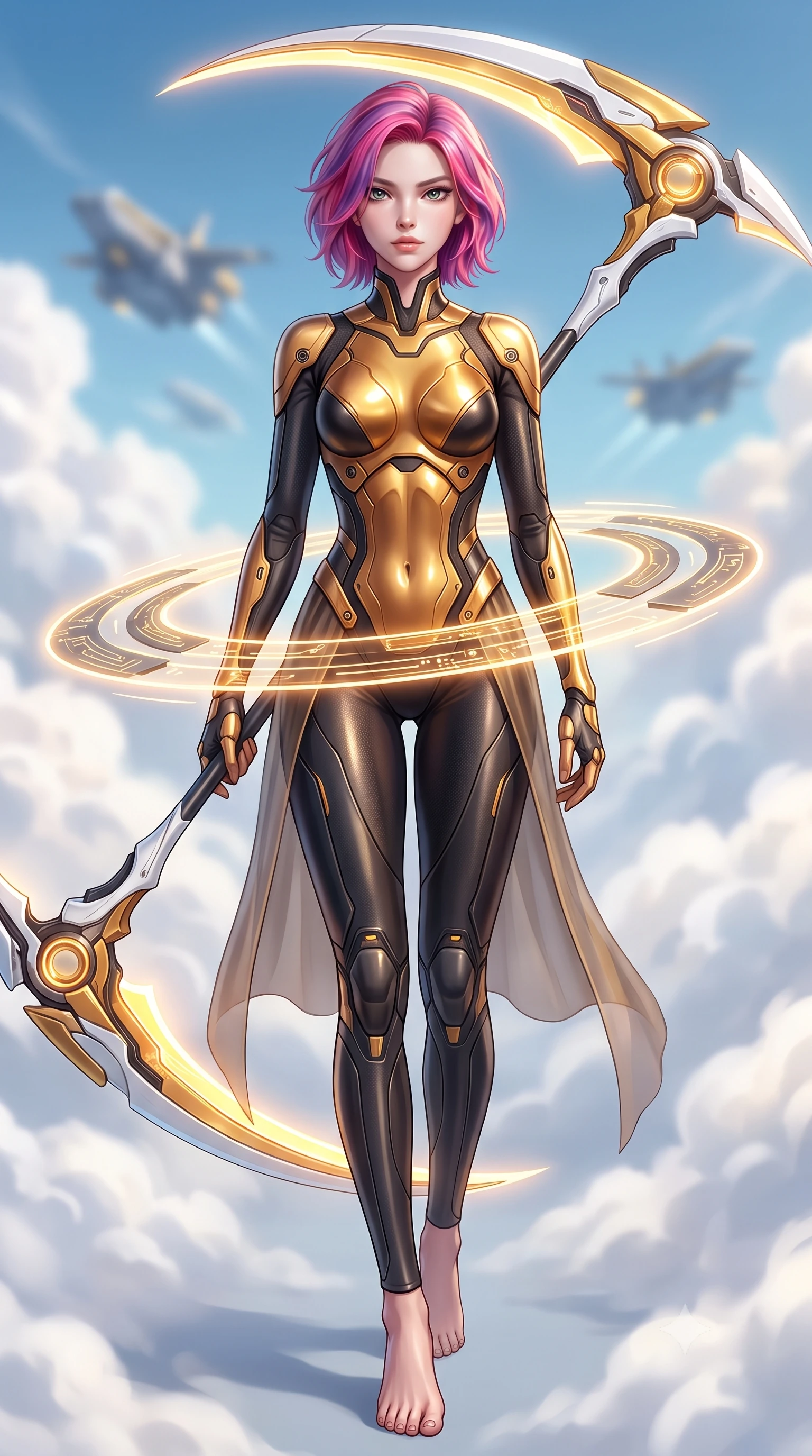 score_9, masterpiece, best quality, ultra-detailed, high-budget anime keyframe, semi-realistic 3D game render, editorial fashion photography, tasteful artistic composition, Caucasian woman. low angle full-body shot from head to toe showing her feet, filling the entire 9:16 vertical frame with her statuesque presence, stretching her vertical silhouette. striding forward with commanding supermodel grace, weapon held at the ready, her 8.5-heads statuesque silhouette dominating the vertical frame from head to toe while pivoting dynamically as the orbiting funnel blades align into a radiant protective ring around her slender waist. The composition keeps background elements in soft focus with creamy bokeh. billowing white cloud seas and distant carrier escorts blurred into clean, high-key sky-blue and gold bokeh. She has an absolutely perfect, statuesque 8.5-heads proportion, an exceptionally tall and slender model-like female figure with impossibly long slender legs, a toned flat midriff, and an ultra-slim waist. sharp v-shaped jawline, high-bridge nose, intricate jewel-like eyes with depth, thick eyelashes, glossy lips with a natural sheen, flawlessly proportioned anatomical accuracy, strict slender model proportions, natural body alignment, perfectly sculpted long slender limbs, ultra-slim waistline, clean dynamic posture without body distortion. wearing a sculpted molten-gold and dark carbon cuirass paired with high-mobility combat leggings and sheer side drapes, wielding a glowing plasma energy scythe with fluid grace in arctic white carbon composite with radiant solar gold plating, made of liquid carbon-jersey fabric adhering flawlessly to her sculpted silhouette, finished with high-mobility articulation joints and miniature magnetic armor locks, the form-contouring material adhering flawlessly to her sculpted flat midriff and slender torso, emphasizing her long leg lines and perfectly proportioned willowy build. illuminated by crisp specular highlights tracing her sculpted collarbones, waistline, and long slender legs. rich saturated anime colors with glowing neon highlights, detailed shading with soft gradients, rich glossy textures, high-contrast stereoscopic depth, volumetric dynamic lighting, master piece, 9:16 ratio