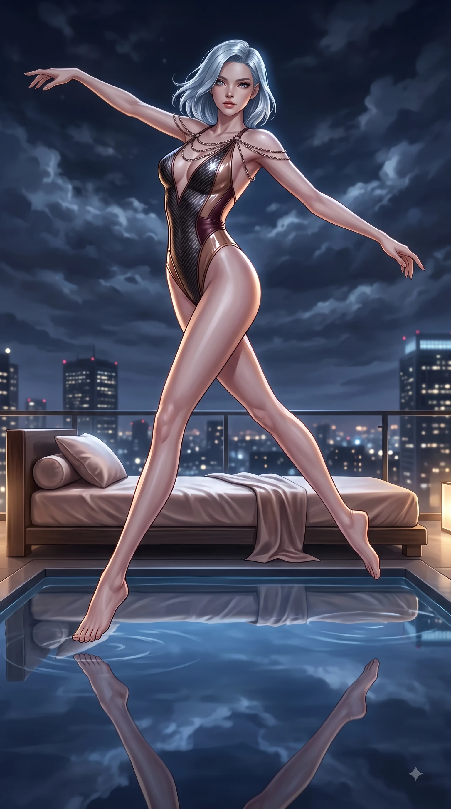 score_9, masterpiece, best quality, ultra-detailed, high-budget anime keyframe, editorial fashion photography, tasteful artistic composition, Korean woman. low angle full-body shot from head to toe showing her feet, filling the entire 9:16 vertical frame with her statuesque presence, stretching her vertical silhouette. leaping gracefully through mid-air with statuesque elegance, her impossibly long slender legs stretched in perfect balance while lounging in an alluring S-curve pose on a plush silk daybed in a penthouse over city lights, still pool water reflecting her statuesque figure and the dramatic night sky flawlessly. She has an absolutely perfect, statuesque 8.5-heads proportion, an exceptionally tall and slender model-like female figure with impossibly long slender legs and an ultra-slim waist. sharp v-shaped jawline, high-bridge nose, intricate jewel-like eyes with depth, thick eyelashes, glossy lips with a natural sheen, flawlessly proportioned anatomical accuracy, natural body alignment, perfectly sculpted elegant limbs, clean dynamic posture without body distortion. wearing a high-cut translucent vinyl leotard with front paneling and open back in deep burgundy and bronze, made of fine carbon-fiber weave and soft matte leather, adorned with delicate metallic chain straps along the neckline, the sleek second-skin texture accentuating her magnetic presence. bathed in warm luxury ambient lighting and soft silver moonlight tracing every curve. ultra-reflective glossy finish, specular highlights, metallic sheen, high-contrast stereoscopic depth, volumetric dynamic lighting, 2k, ultra detail, master piece, 9:16 ratio