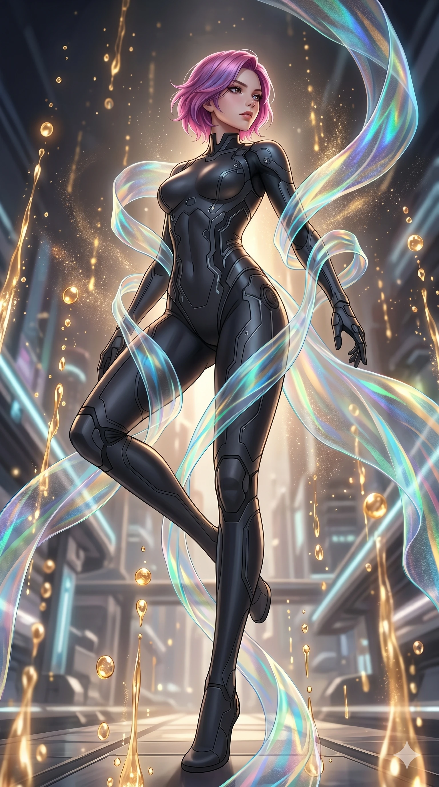 score_9, masterpiece, best quality, ultra-detailed, high-budget anime keyframe, Korean woman. low angle full-body shot filling the entire 9:16 frame with her statuesque presence, stretching the vertical silhouette. dodging ethereal liquid gold rain that rises upward from the ground in warm shimmering droplets under an inverted gravity field. She has an absolutely perfect 8-heads proportion, an exceptionally tall and slender female figure with impossibly long slender legs and an ultra-slim waist. V-shaped jawline, high-bridge nose, intricate jewel-like eyes with depth, thick eyelashes, glossy lips with a natural sheen.. wearing a cybernetic bodysuit with a holographic ribbon, featuring a skin-tight contouring bodysuit wrapped in a translucent flowing holographic organza ribbon. illuminated by dramatic chiaroscuro casting soft shadows along her curves, with vibrant backlighting highlighting the dust particles. 2k, ultra detail, master piece, 9:16 ratio