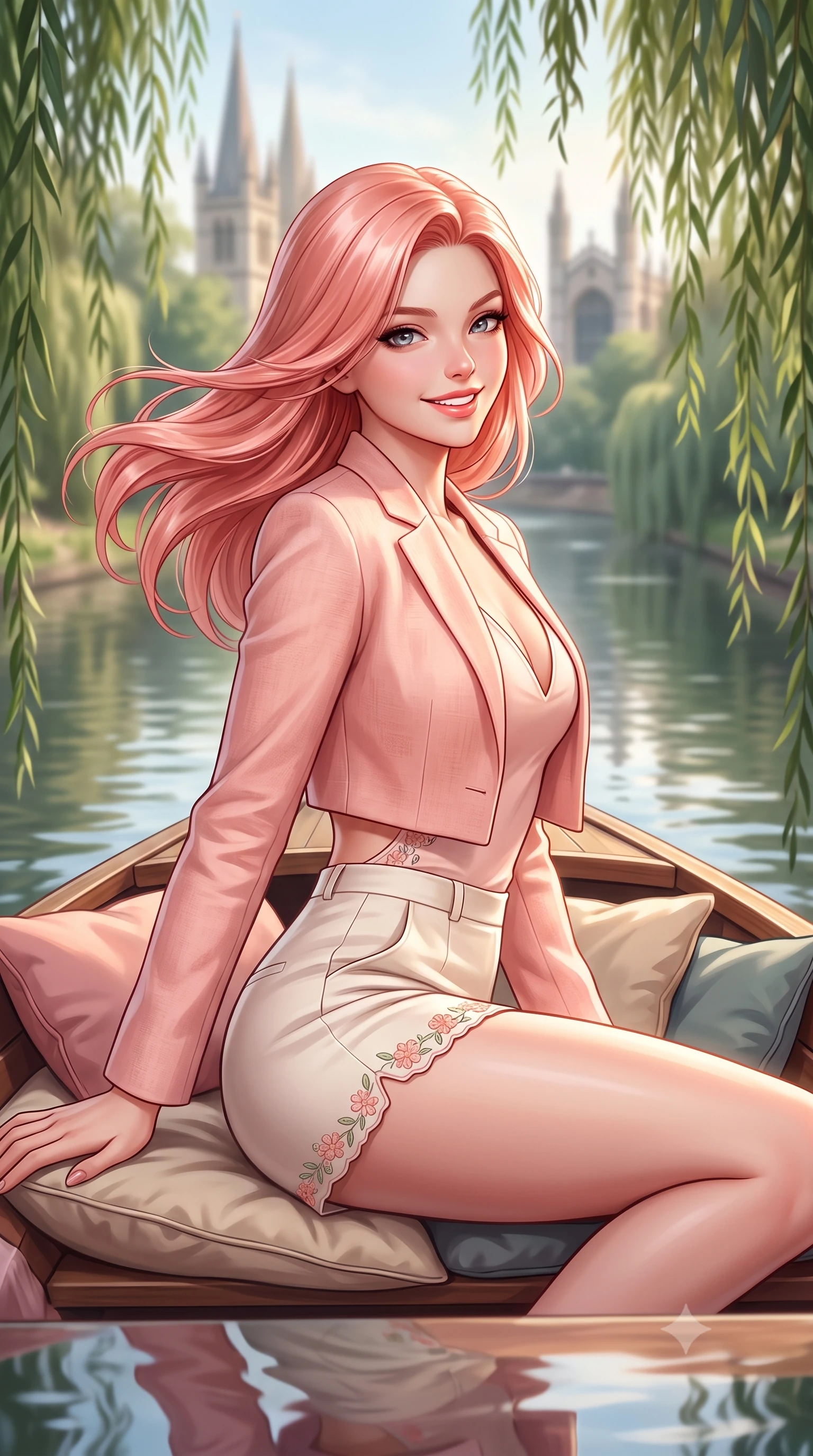score_9, masterpiece, best quality, ultra-detailed, high-budget anime keyframe, semi-realistic 3D game render, editorial fashion photography, tasteful artistic composition, Japanese woman. close-up cowboy shot from the waist and thighs up, the character dominates the composition, filling the frame with her large presence. turning playfully with a bright confident smile, her glossy hair tossing in the breeze as her hips angle gracefully in a captivating contrapposto while sitting on the wooden punting boat cushions moored beneath weeping willows, looking over her shoulder with enchanting, playful bedroom-eyes. The composition keeps background elements in soft focus with dreamy creamy bokeh. weeping willows trailing in reflective river waters and gothic college spires blurred into soft emerald, champagne, and slate bokeh. She has an exceptionally elegant, slender, and willowy female figure with an ultra-slim waist, flat toned midriff, narrow ribcage, and sculpted feminine hips creating an alluring, slim hourglass silhouette without bulk. sharp v-shaped jawline, high-bridge nose, intricate jewel-like sparkling eyes with depth, thick eyelashes, glossy parted lips with a natural peach sheen, bright cheerful beaming smile with an enchanting and coquettish sensual glint, exuding both youthful cute charm and seductive allure, flawlessly proportioned anatomical accuracy, strict slender model proportions, natural body alignment, perfectly sculpted long slender limbs, ultra-slim waistline, clean dynamic posture without body distortion. wearing a chic cropped linen blazer worn with a plunging-V camisole and high-waisted tailored hot-pants showcasing her long slender legs in pastel peach blossom pink and warm champagne ivory, tailored from crisp cotton poplin with clean structural lines, complemented by delicate embroidered floral trim along the hem, the precision-cut side openings and low-back scoop framing her graceful spine and the sensual sweep of her slim, toned hips. illuminated by calm river water specular reflections accentuating her sculpted collarbones, ultra-slim waist, and curvy hips. highly saturated vibrant anime colors, detailed shading with soft gradients, rich glossy textures, high-contrast stereoscopic depth, volumetric dynamic lighting, master piece, 9:16 ratio