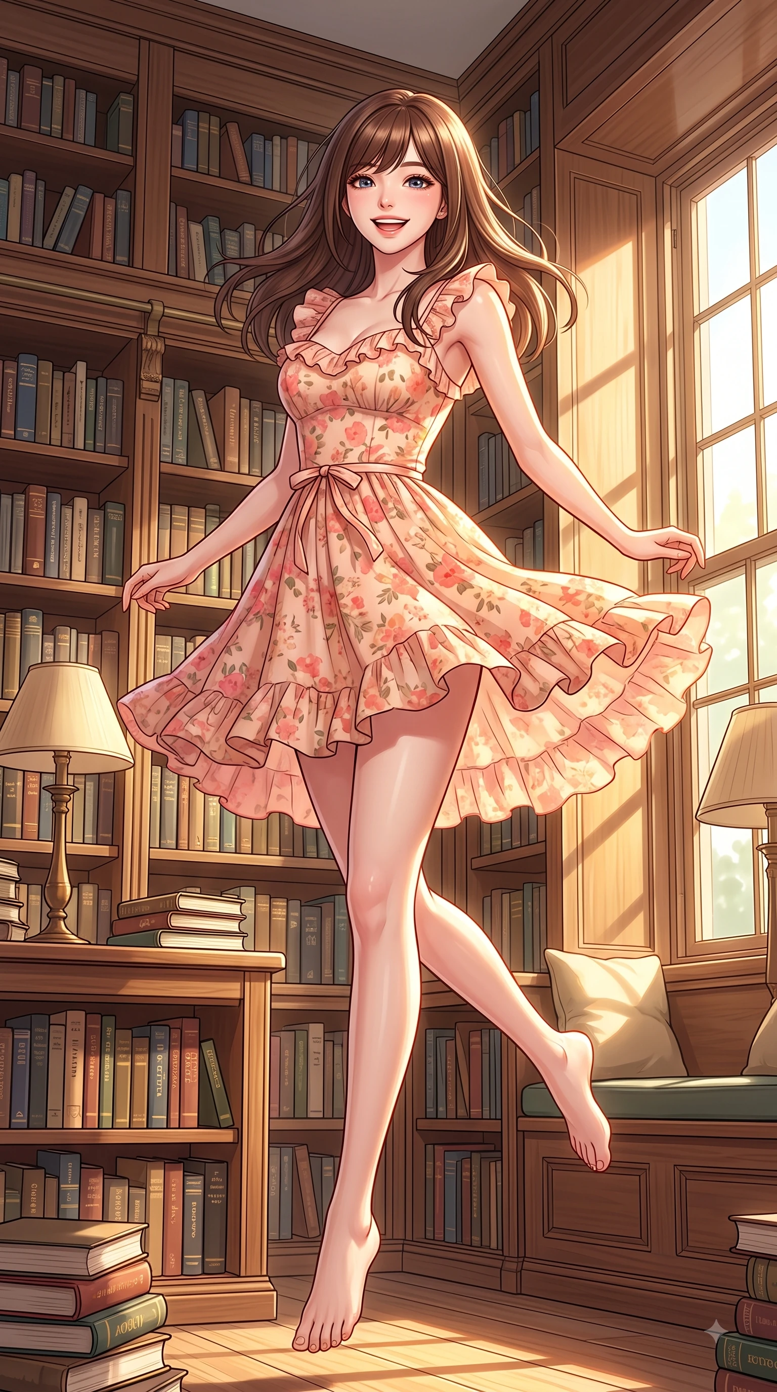 score_9, masterpiece, best quality, ultra-detailed, high-budget anime keyframe, editorial fashion photography, tasteful artistic composition, Korean woman. low angle full-body shot from head to toe showing her feet, filling the entire 9:16 vertical frame with her statuesque presence, stretching her vertical silhouette. leaping with pure youthful energy through the scene with a radiant bright smile, her long slender legs balanced gracefully while pivoting dynamically in a quiet library nook with a sweet, intelligent smile and sparkling eyes. The surrounding environment is rendered in vivid detail and crisp panoramic clarity. floor-to-ceiling wooden bookshelves, vintage desk lamps, and sunlit reading nooks captured in sharp clarity. She has an absolutely perfect, statuesque 8.5-heads proportion, an exceptionally tall and slender model-like female figure with impossibly long slender legs and an ultra-slim waist. sharp v-shaped jawline, high-bridge nose, intricate jewel-like eyes with depth, thick eyelashes, glossy lips with a natural sheen, flawlessly proportioned anatomical accuracy, natural body alignment, perfectly sculpted elegant limbs, clean dynamic posture without body distortion. wearing a bright floral print ruffle sundress with a gentle sweetheart neckline in peach blossom pink and warm oatmeal, made of fine lightweight chiffon that flutters gently in the breeze, accented with a dainty waist ribbon bow, the breezy lightweight fabric fluttering softly against her delicate frame. bathed in warm golden sunlight streaming through clean glass cafe windows. highly saturated vibrant anime colors, detailed shading with soft gradients, rich glossy textures, high-contrast stereoscopic depth, volumetric dynamic lighting, master piece, 9:16 ratio