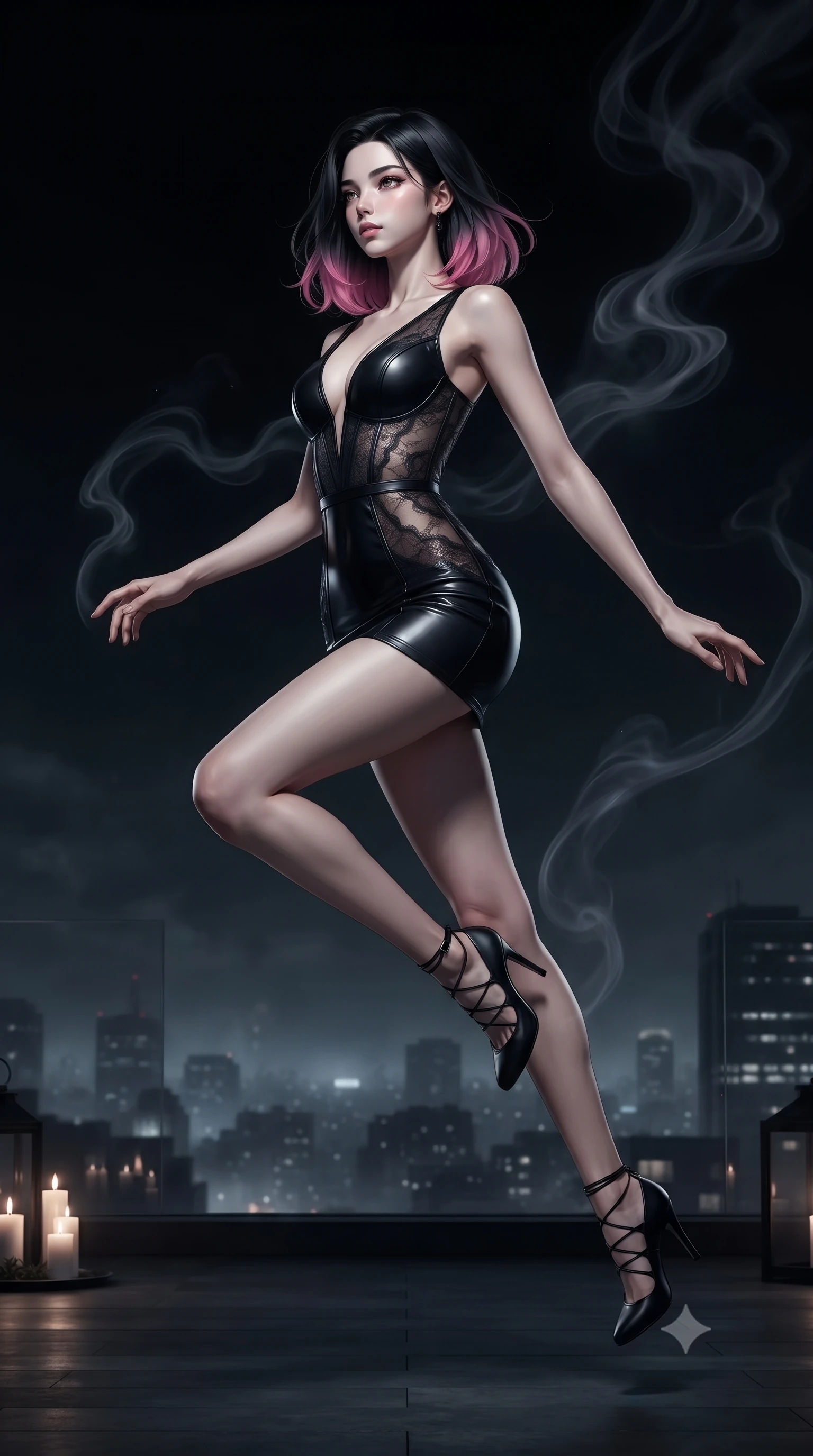 score_9, masterpiece, best quality, ultra-detailed, high-budget anime keyframe, editorial fashion photography, tasteful artistic composition, Korean woman. low angle full-body shot from head to toe showing her feet, filling the entire 9:16 vertical frame with her statuesque presence, stretching her vertical silhouette. leaping dynamically through the pitch-black void, her posture full of power and elegance, gazing out over misty night city lights from a secluded pitch-dark penthouse terrace, swirling smoky trails rising gracefully into the dark moody air. She has an absolutely perfect, statuesque 8.5-heads proportion, an exceptionally tall and slender model-like female figure with impossibly long slender legs and an ultra-slim waist. sharp v-shaped jawline, high-bridge nose, intricate jewel-like eyes with depth, thick eyelashes, glossy lips with a natural sheen. wearing deep V-neck corset bodice mini dress with sheer dark lace panels in obsidian black, made of matte carbon-fiber weave, adorned with minimalist black onyx hardware framing the silhouette, sculpting her athletic slender build with refined precision. drenched in moody chiaroscuro with soft candle glow and deep dark tones. ultra-reflective glossy finish, specular highlights, metallic sheen, high-contrast stereoscopic depth, volumetric dynamic lighting, 2k, ultra detail, master piece, 9:16 ratio