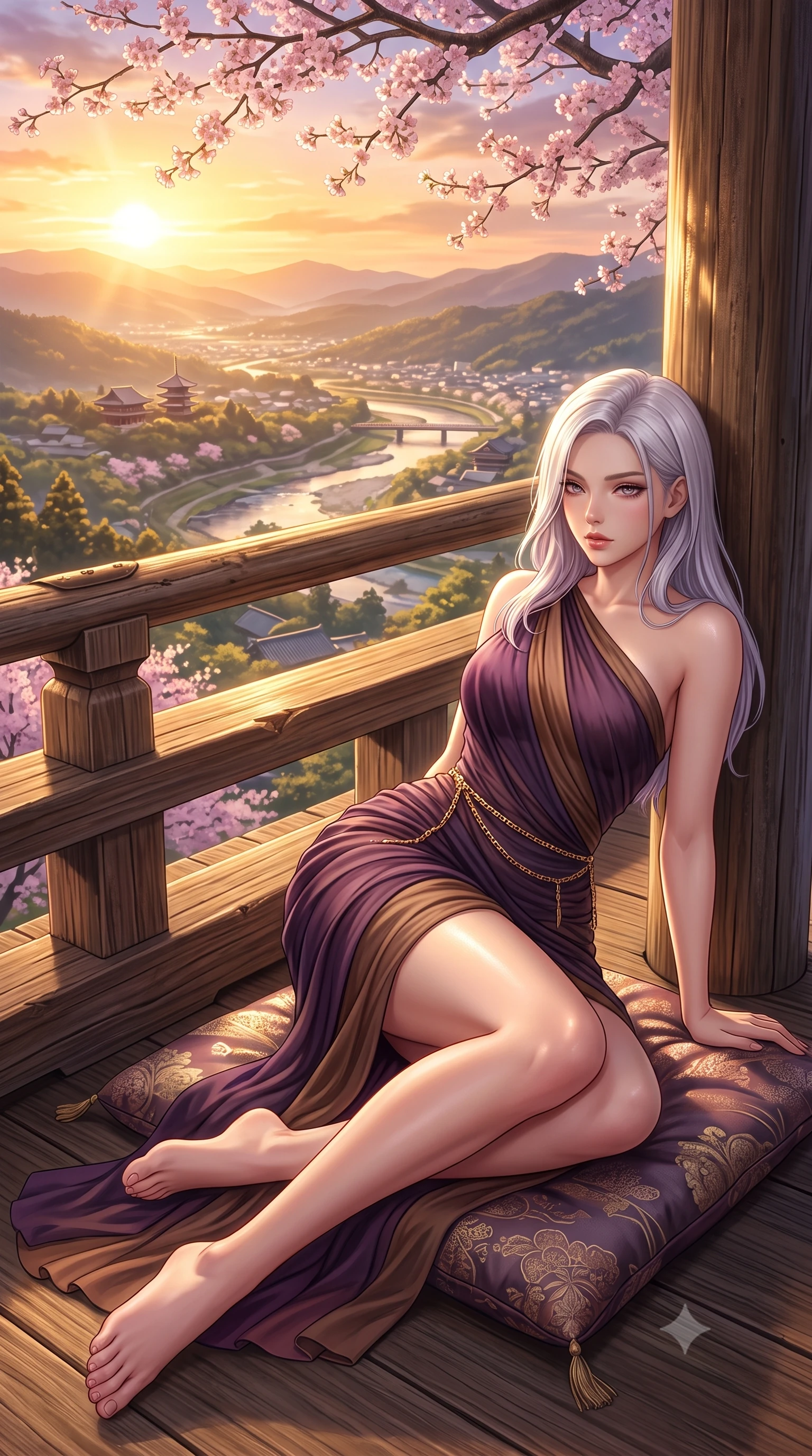 score_9, masterpiece, best quality, ultra-detailed, high-budget anime keyframe, semi-realistic 3D game render, editorial fashion photography, tasteful artistic composition, Caucasian woman. low angle full-body shot from head to toe showing her feet, filling the entire 9:16 vertical frame with her statuesque presence, stretching her vertical silhouette. reclining on her side in an elegant Cleopatra pose with one knee drawn up, the dramatic contour of her rounded hips and long slender legs commanding the 9:16 vertical frame while leaning against the massive weathered cypress railing with hips cocked back, looking over her shoulder with peaceful, seductive bedroom-eyes. The surrounding environment is rendered in vivid detail and crisp panoramic clarity. detailed silk kimono or modern fusion gown weave, sunset sheen on skin, and Kyoto valley landscape in high clarity. She has an exceptionally tall and slender model-like 8.5-heads proportion, an ultra-slim waist, a flat toned midriff, narrow delicate ribcage, and beautifully sculpted feminine hips creating a graceful, slim hourglass silhouette without any bulky heaviness, with impossibly long slender legs. sharp v-shaped jawline, high-bridge nose, intricate jewel-like eyes with depth, thick eyelashes, glossy parted lips with a natural sheen, intensely captivating and seductive bedroom-eyes expression, flawlessly proportioned anatomical accuracy, strict slender model proportions, natural body alignment, perfectly sculpted long slender limbs, ultra-slim waistline, clean dynamic posture without body distortion. wearing a form-contouring cocktail dress with an asymmetrical open shoulder and hip-defining ruching in deep plum violet and antique bronze, woven from layered gossamer chiffon with a weightless sweeping drape, accented with a delicate gold chain belt resting loosely on her curvy hips, the second-skin form-contouring cut accentuating her sculpted flat midriff, narrow delicate ribcage, and gracefully curvy hips with supermodel precision. bathed in breathtaking golden hour sunset backlighting filtered through cherry blossom branches. highly saturated vibrant anime colors, detailed shading with soft gradients, rich glossy textures, high-contrast stereoscopic depth, volumetric dynamic lighting, master piece, 9:16 ratio