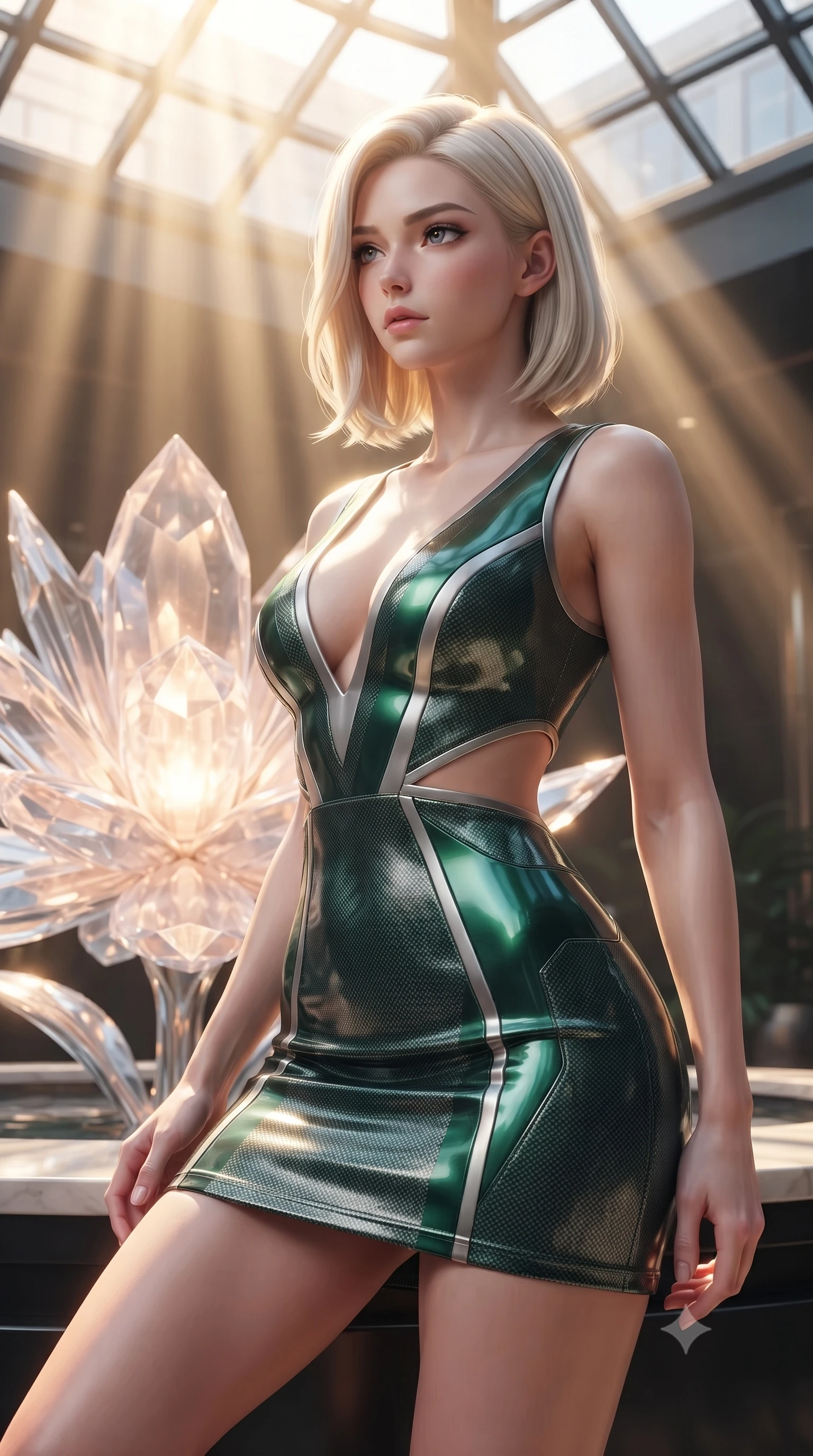 score_9, masterpiece, best quality, ultra-detailed, high-budget anime keyframe, editorial fashion photography, tasteful artistic composition, Caucasian woman. close-up cowboy shot from the waist and thighs up, the character dominates the composition, filling the frame with her large presence, background elements kept in soft focus. Gazing past the camera with an air of effortless elegance and mysterious confidence resting near a giant solar-powered crystal flower emitting soft warm light, intense volumetric sunbeams filtering through the glass ceiling. She has an exceptionally elegant, slender, and willowy female figure with an ultra-slim waist, a gracefully sculpted slender torso, and a refined silhouette. sharp v-shaped jawline, high-bridge nose, intricate jewel-like eyes with depth, thick eyelashes, glossy lips with a natural sheen. wearing a liquid mercury gloss mini dress with ultra-deep V-neck and waist cutouts in deep emerald green and silver accent, made of fine carbon-fiber weave and soft matte leather, featuring subtle geometric cutouts that highlight her ultra-slim midriff, the sleek second-skin texture accentuating her magnetic presence. lit by warm golden-hour rays cascading through crystalline glass panes. highly saturated vibrant anime colors, detailed shading with soft gradients, rich glossy textures, high-contrast stereoscopic depth, volumetric dynamic lighting, master piece, 9:16 ratio