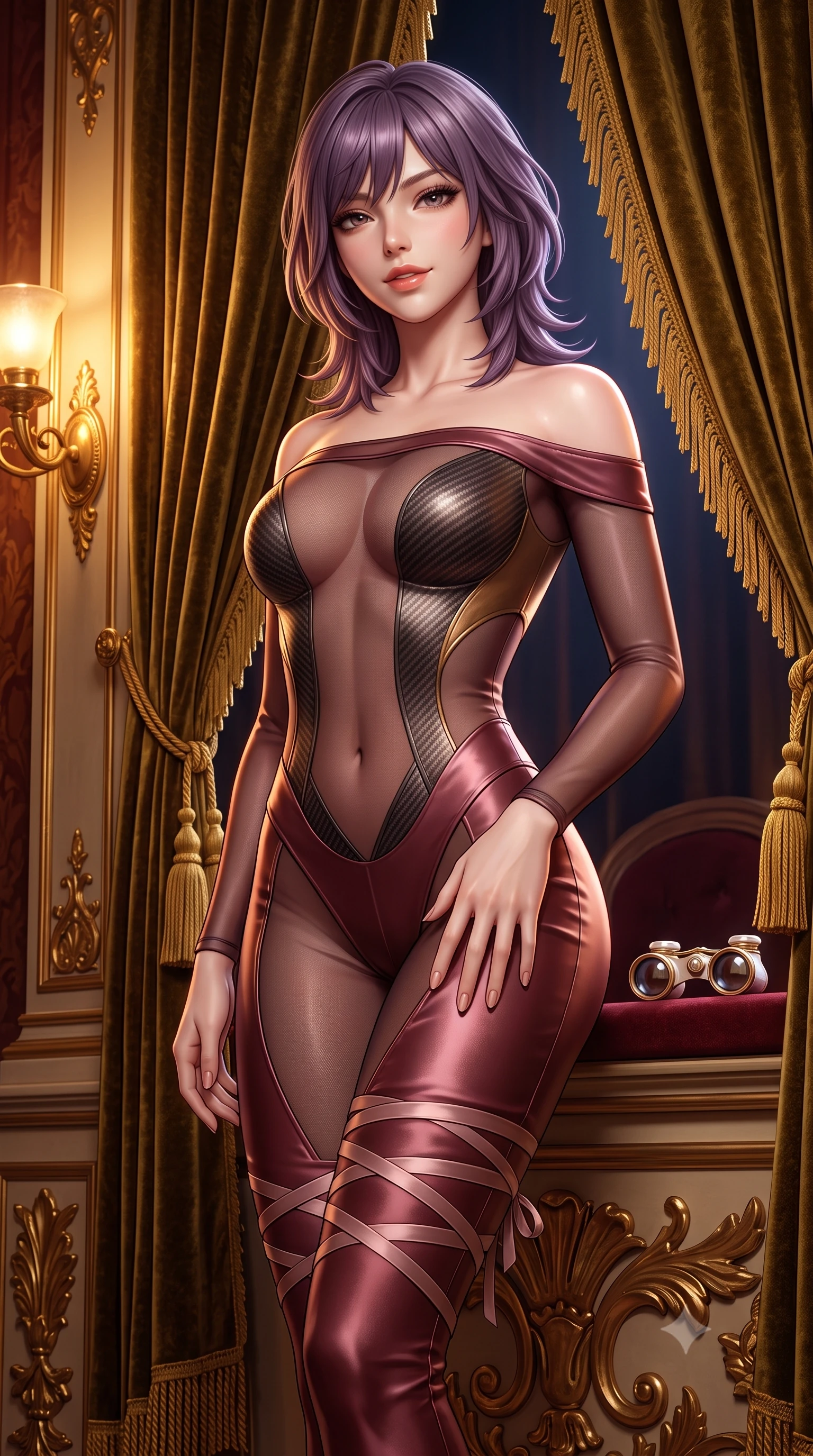 score_9, masterpiece, best quality, ultra-detailed, high-budget anime keyframe, semi-realistic 3D game render, editorial fashion photography, tasteful artistic composition, Japanese woman. close-up cowboy shot from the waist and thighs up, the character dominates the composition, filling the frame with her large presence. tilting her head with a teasing half-smile, running one hand slowly down the side of her hip in a flirtatious S-curve as ambient light caresses her silhouette while twisting her slender torso in an alluring S-curve, heavy gold-tasseled velvet drapes framing her form-fitting ballet bodice and curvy hips. The surrounding environment is rendered in vivid detail and crisp panoramic clarity: sharp deep-pile velvet fabric texture, gilded wood relief carvings, and mother-of-pearl opera glass clarity in deep focus. She has an exceptionally elegant, slender, and willowy female figure with an ultra-slim waist, flat toned midriff, narrow ribcage, and sculpted feminine hips creating an alluring, slim hourglass silhouette without bulk. sharp v-shaped jawline, high-bridge nose, sparkling eyes with hypnotic seductive depth, thick curled eyelashes, glossy parted lips with a natural dewy peach sheen, alluring bedroom-eyes with an enchanting coquettish smile, exuding magnetic siren charisma and sophisticated glamour, flawlessly proportioned anatomical accuracy, strict slender model proportions, natural body alignment, perfectly sculpted long slender limbs, ultra-slim waistline, clean dynamic posture without body distortion. wearing an off-the-shoulder sheer-illusion mesh stealth catsuit with strategically placed carbon-fiber patches hugging her curves in smoky bordeaux wine and gilded bronze, crafted from fluid liquid silk satin that clings smoothly to every curve with a dewy sheen, finished with delicate satin ballet ribbon ties criss-crossing up her slender calves to the knee, the liquid-tight tailored fabric clinging flawlessly to her narrow waist and rounded feminine hips, emphasizing every millimeter of her sculpted slim hourglass curves without any bulky heaviness. bathed in warm amber light spilling from gilded sconces mixed with stage illumination bounce. highly saturated vibrant anime colors, detailed shading with soft gradients, rich glossy textures, high-contrast stereoscopic depth, volumetric dynamic lighting, master piece, 9:16 ratio