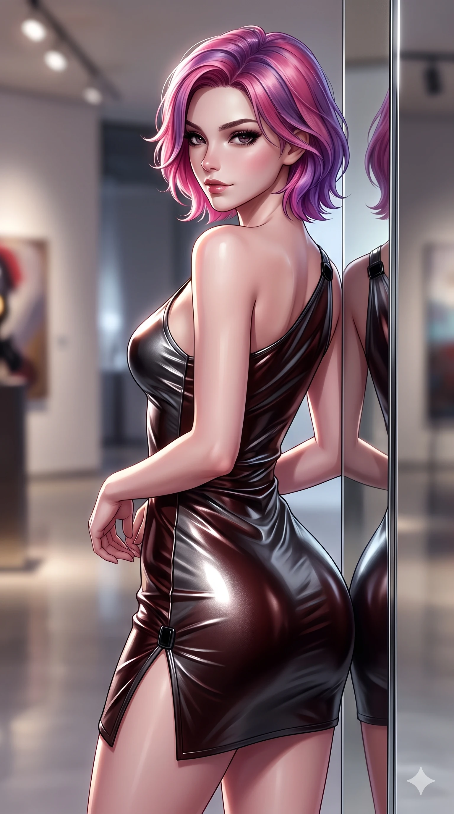 score_9, masterpiece, best quality, ultra-detailed, high-budget anime keyframe, semi-realistic 3D game render, editorial fashion photography, tasteful artistic composition, Caucasian woman. close-up cowboy shot from the waist and thighs up, the character dominates the composition, filling the frame with her large presence. posing in an alluring rear three-quarter angle, turning over a bare shoulder with an intoxicating, smoldering gaze while leaning back against the mirror-finish gallery pylon with hips cocked back, casting an intoxicating, sultry bedroom-gaze over her shoulder. The background shows a soft-focus avant-garde modern art pavilion softened in conceptual museum shallow focus. She has an exceptionally elegant, slender, and willowy female figure with an ultra-slim waist, flat toned midriff, narrow ribcage, and sculpted feminine hips creating an alluring, slim hourglass silhouette without bulk. sharp v-shaped jawline, high-bridge nose, intricate jewel-like dark sparkling eyes with hypnotic seductive depth, thick curled eyelashes, glossy parted lips with a natural wine sheen, alluring bedroom-eyes with an enigmatic smoldering smile, exuding magnetic sovereign charisma and dark avant-garde glamour, flawlessly proportioned anatomical accuracy, strict slender model proportions, natural body alignment, perfectly sculpted long slender limbs, ultra-slim waistline, clean dynamic posture without body distortion. wearing an asymmetric one-shoulder metallic patent leather mini dress with a dramatic side slit hugging her hips in dark mahogany and brushed gunmetal, made of liquid dark mercury jersey with seamless sculpting hold and fluid drape, adorned with minimalist black onyx hardware framing the silhouette, the form-fitting cut adhering flawlessly to her sculpted flat midriff and slender torso, emphasizing her long leg lines and perfectly proportioned willowy build. illuminated by polished gallery floor bounce and sharp diamond-platinum rim lights sculpting her razor-sharp jawline, narrow waist, and curvy hips. highly saturated vibrant anime colors, detailed shading with soft gradients, rich glossy textures, high-contrast stereoscopic depth, volumetric dynamic lighting, master piece, 9:16 ratio