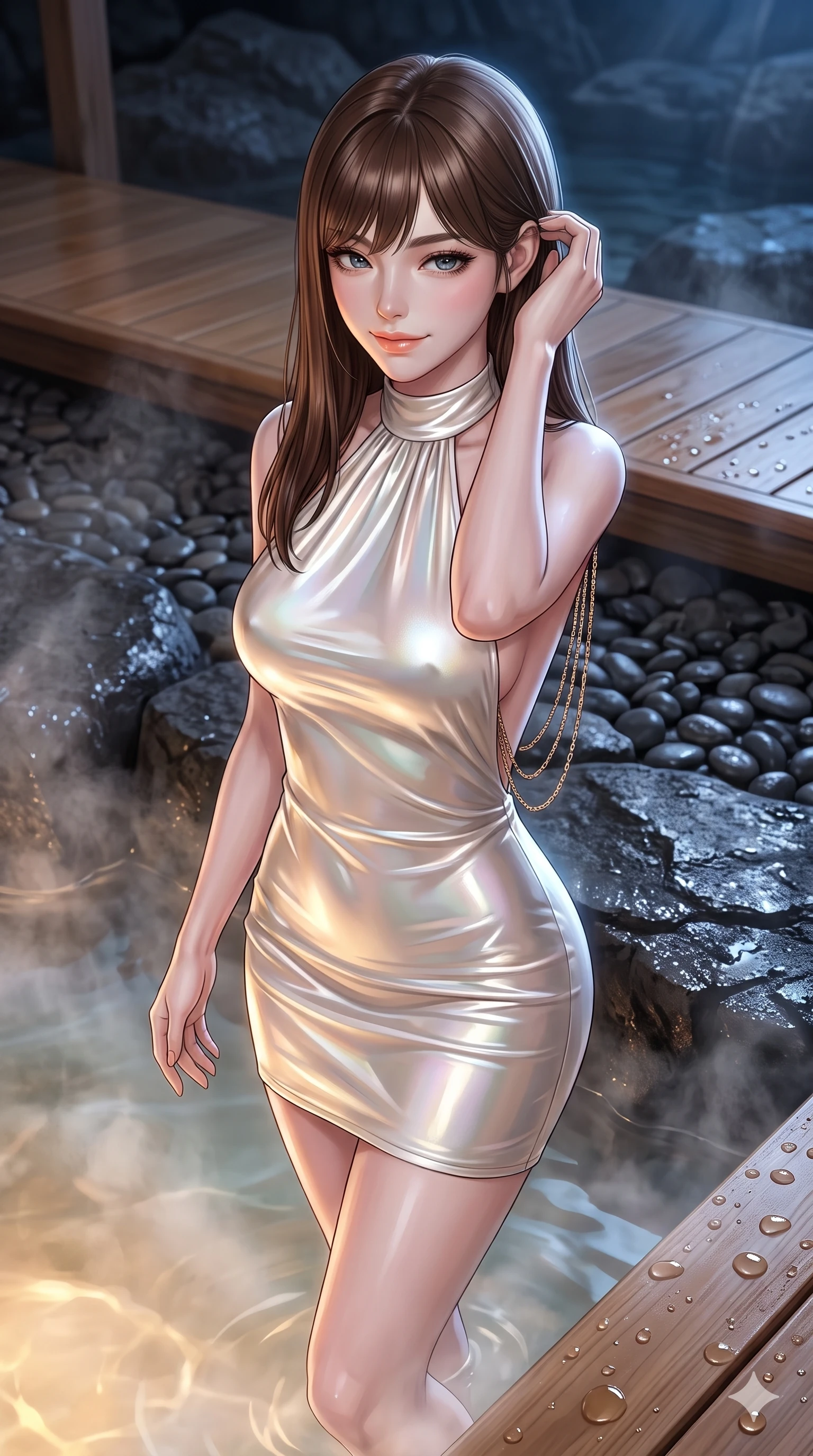 score_9, masterpiece, best quality, ultra-detailed, high-budget anime keyframe, semi-realistic 3D game render, editorial fashion photography, tasteful artistic composition, Korean woman. close-up cowboy shot from the waist and thighs up, the character dominates the composition, filling the frame with her large presence. gently brushing a lock of glossy hair behind her ear while casting a playful, flirtatious side-gaze with long eyelashes through the rising steam while stepping slowly into the thermal pool with hypnotic grace, rising vapor caressing her flat midriff and slender thighs. The surrounding environment is rendered in vivid detail and crisp panoramic clarity: volcanic basalt stone textures, smooth dark river pebbles, and dewy water droplets beading on warm hinoki cypress decking in deep focus. She has an exceptionally elegant, slender, and willowy female figure with an ultra-slim waist, flat toned midriff, narrow ribcage, and sculpted feminine hips creating an alluring, slim hourglass silhouette without bulk. sharp v-shaped jawline, high-bridge nose, sparkling eyes with hypnotic seductive depth, thick curled eyelashes, glossy parted lips with a natural dewy peach sheen, alluring bedroom-eyes with an enchanting coquettish smile, exuding magnetic siren charisma and sophisticated glamour, flawlessly proportioned anatomical accuracy, strict slender model proportions, natural body alignment, perfectly sculpted long slender limbs, ultra-slim waistline, clean dynamic posture without body distortion. wearing a slinky backless halterneck column mini dress in shimmering liquid vinyl clinging like a second skin in iridescent pearl white and champagne titanium, crafted from architectural Japanese double-weave crepe with crisp sculptural silhouettes, accented with an open-back drape framed by falling strands of delicate gold chains, the form-contouring silhouette accentuating her sculpted flat midriff, narrow delicate ribcage, and gracefully curvy hips with intoxicating allure. bathed in warm 3000K underwater thermal pool illumination contrasting with crisp blue polar moonlight. highly saturated vibrant anime colors, detailed shading with soft gradients, rich glossy textures, high-contrast stereoscopic depth, volumetric dynamic lighting, master piece, 9:16 ratio
