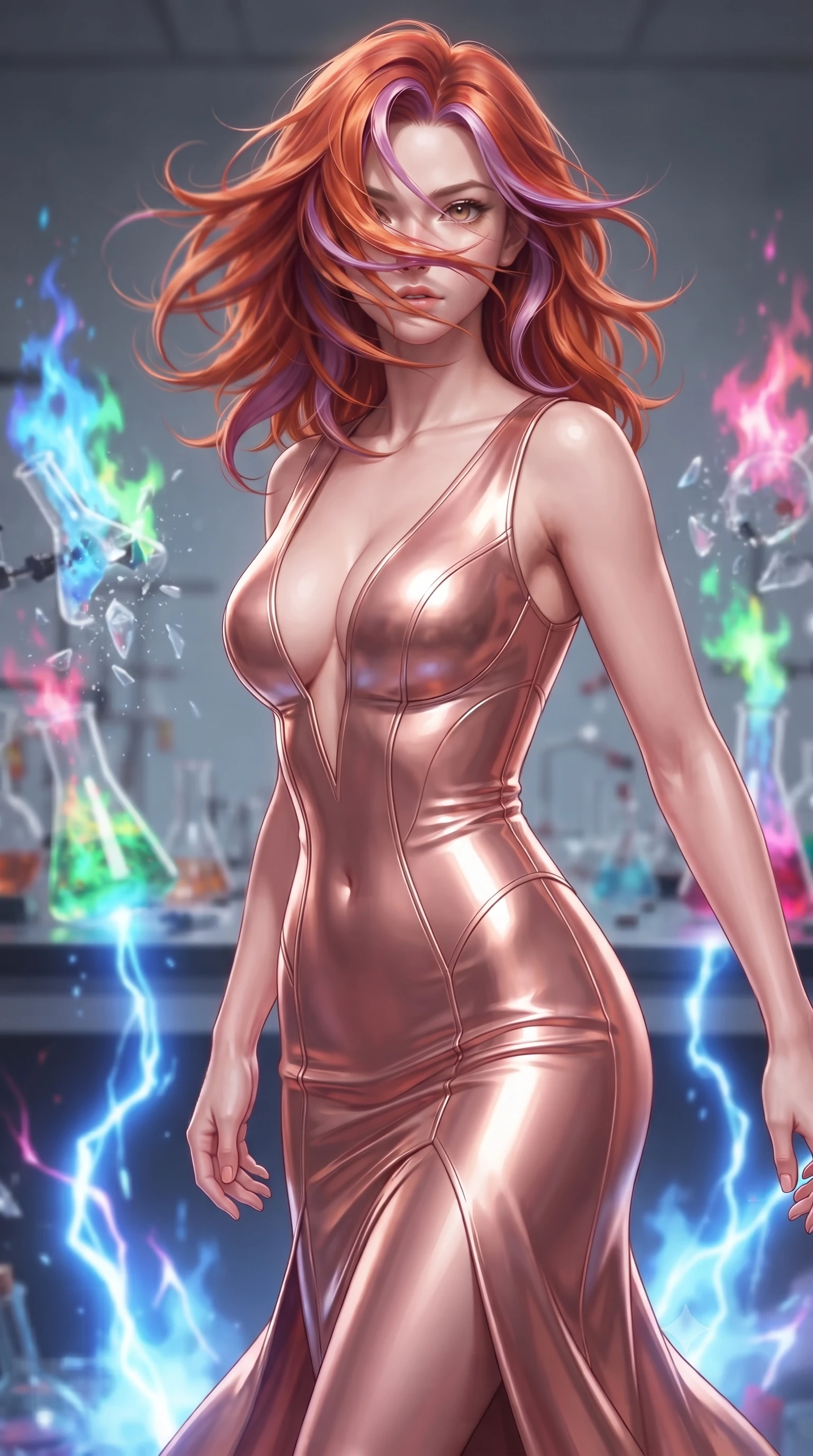 score_9, masterpiece, best quality, ultra-detailed, high-budget anime keyframe, editorial fashion photography, tasteful artistic composition, realistic cosplay photography, Caucasian woman, strictly human ears. close-up cowboy shot from the waist and thighs up, the character dominates the composition, filling the frame with her large presence, background elements kept in soft focus. Executing a sudden, fast pivot to face the camera, her hair whipping violently across her face. set against a soft-focus background of a chaotic laboratory where glass beakers are shattering, releasing colorful chemical flames in blue, green, and pink. She has an exceptionally elegant and slender, willowy female figure with an ultra-slim waist, a gracefully sculpted slender torso, and a refined slim physique. sharp v-shaped jawline, high-bridge nose, intricate jewel-like eyes with depth, thick eyelashes, glossy lips with a natural sheen. wearing tailored for maximum mobility, sleek form-contouring panels that allow fluid movement, a tailored floor-length gown in liquid rose gold, featuring an ultra-deep plunging V-neckline and a highly structured bodice. pulsing electric blue plasma arc lighting rising dramatically from below. ultra-reflective glossy finish, specular highlights, metallic sheen, high-contrast stereoscopic depth, volumetric dynamic lighting, 2k, ultra detail, master piece, 9:16 ratio
