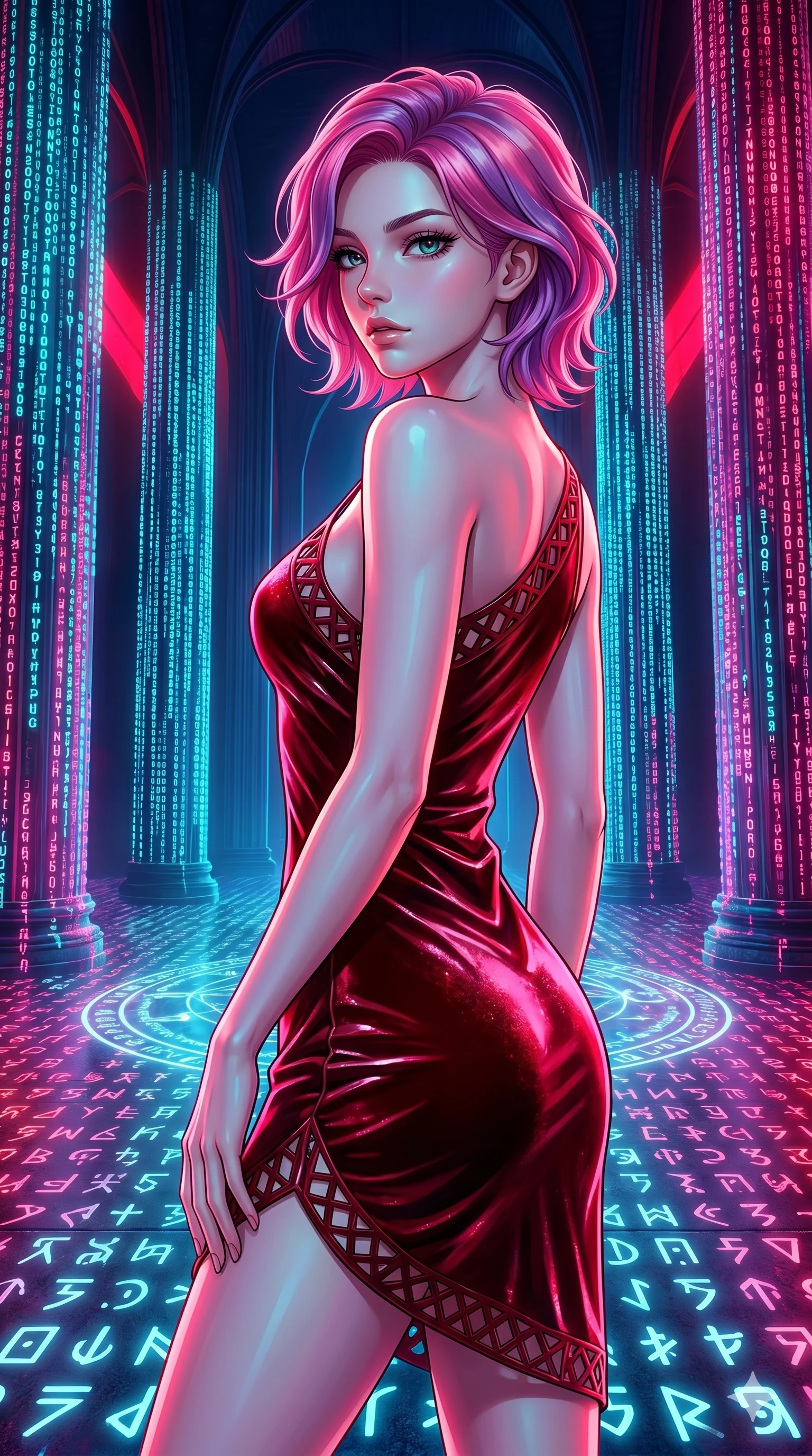 score_9, masterpiece, best quality, ultra-detailed, high-budget anime keyframe, editorial fashion photography, tasteful artistic composition, Caucasian woman, strictly human ears. upper body close-up from the thighs up, character filling the screen for maximum presence. twisting her body around through a digital cathedral with towering pillars made of cascading cyber-code as glowing runes and symbols fade in and out on the ground. She has an absolutely perfect 8-heads proportion, an exceptionally tall and slender female figure with impossibly long slender legs and an ultra-slim waist. V-shaped jawline, high-bridge nose, intricate jewel-like eyes with depth, thick eyelashes, glossy lips with a natural sheen.. wearing an asymmetric liquid velvet slip dress, featuring a wet-look deep crimson red velvet one-shoulder mini slip with asymmetric geometric cutout trim. lit by high-contrast neon strobes that carve out her dynamic posture and V-shaped jawline. 2k, ultra detail, master piece, 9:16 ratio
