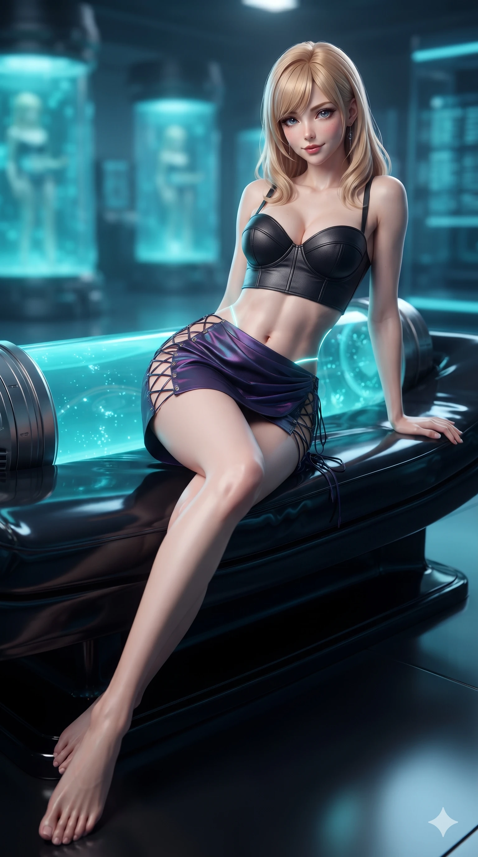 score_9, masterpiece, best quality, ultra-detailed, high-budget anime keyframe, editorial fashion photography, tasteful artistic composition, Caucasian woman. low angle full-body shot from head to toe showing her feet, filling the entire 9:16 vertical frame with her statuesque presence, stretching her vertical silhouette. lounging on the lavish obsidian daybed with legs crossed, displaying her toned midriff and long slender limbs with effortless siren poise while twisting her slender torso in an alluring S-curve beside the cylindrical glass stasis chamber, cyan bioluminescence tracing her flat midriff and hips. The background shows a soft-focus cylindrical stasis chambers glowing with cyan bioluminescent fluid, distant server monoliths, and neon scan grids blurred into cyan, cobalt, and obsidian bokeh. She has an absolutely perfect, statuesque 8.5-heads proportion, an exceptionally tall and slender model-like female figure with impossibly long slender legs, an ultra-slim waist, a flat toned midriff, narrow delicate ribcage, and beautifully sculpted feminine hips creating a graceful, slim hourglass silhouette without any bulky heaviness. sharp v-shaped jawline, high-bridge nose, intricate jewel-like dark sparkling eyes with hypnotic seductive depth, thick curled eyelashes, glossy parted lips with a natural wine sheen, alluring bedroom-eyes with an enigmatic smoldering smile, exuding magnetic sovereign charisma and dark avant-garde glamour, flawlessly proportioned anatomical accuracy, strict slender model proportions, natural body alignment, perfectly sculpted long slender limbs, ultra-slim waistline, clean dynamic posture without body distortion. wearing a structured underwire leather bustier top paired with an ultra-short draped wrap mini skirt in iridescent dark violet taffeta and midnight indigo, adorned with laser-cut diamond side panels revealing teasing glimpses of bare skin, featuring fine criss-cross lace-up side ties revealing tantalizing glimpses of her hip curve, the liquid-tight tailored fabric clinging flawlessly to her narrow waist and rounded feminine hips, emphasizing every millimeter of her sculpted slim hourglass curves without any bulky heaviness. illuminated by stasis fluid floor bounce and sharp electric-cyan rim lights defining her razor-sharp jawline, narrow waist, and curvy hips. ultra-reflective glossy finish, specular highlights, metallic sheen, high-contrast stereoscopic depth, volumetric dynamic lighting, 2k, ultra detail, master piece, 9:16 ratio