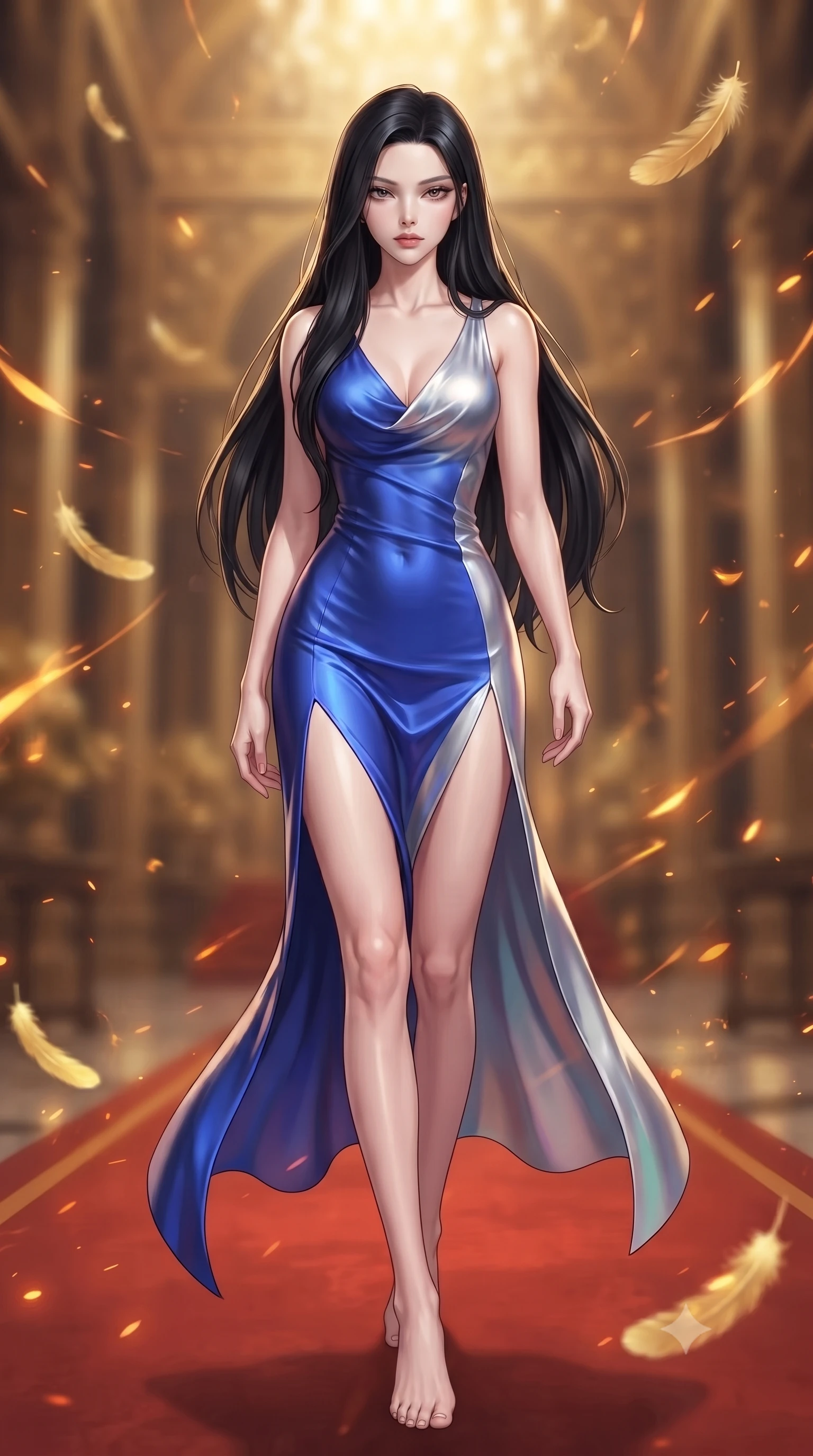 score_9, masterpiece, best quality, ultra-detailed, high-budget anime keyframe, editorial fashion photography, tasteful artistic composition, Korean woman. low angle full-body shot from head to toe showing her feet, filling the entire 9:16 vertical frame with her statuesque presence, stretching her vertical silhouette. striding forward in a proud, statuesque motion with a dangerous smolder, her vertical silhouette dominating the frame from head to toe while striding with imperial majesty down a red lacquer runway inside a soaring golden palace as golden phoenix feathers float around her. The composition keeps background elements in soft focus with creamy bokeh. glowing amber light trails and embers scattering warmth across a majestic imperial backdrop. She has an absolutely perfect, statuesque 8.5-heads proportion, an exceptionally tall and slender model-like female figure with impossibly long slender legs, a toned flat midriff, and an ultra-slim waist. sharp v-shaped jawline, high-bridge nose, intricate jewel-like eyes with depth, thick eyelashes, glossy lips with a natural sheen, flawlessly proportioned anatomical accuracy, strict slender model proportions, natural body alignment, perfectly sculpted long slender limbs, ultra-slim waistline, clean dynamic posture without body distortion. wearing a precision-fitted liquid jersey bodycon dress with a dramatic draped cowl back that swoops down to her waist and a high side slit in liquid electric cobalt blue and polished silver, made of smooth iridescent silk chiffon that shifts colors with movement, finished with an ultra-high side slit secured by miniature magnetic clasps, the form-contouring material adhering flawlessly to her sculpted flat midriff and slender torso, emphasizing her long leg lines and perfectly proportioned willowy build. illuminated by crisp gold rim highlights sharply defining her ultra-slim waist and long legs. ultra-reflective glossy finish, specular highlights, metallic sheen, high-contrast stereoscopic depth, volumetric dynamic lighting, 2k, ultra detail, master piece, 9:16 ratio