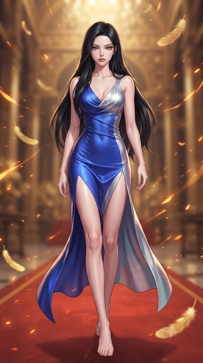 score_9, masterpiece, best quality, ultra-detailed, high-budget anime keyframe, editorial fashion photography, tasteful artistic composition, Korean woman. low angle full-body shot from head to toe showing her feet, filling the entire 9:16 vertical f