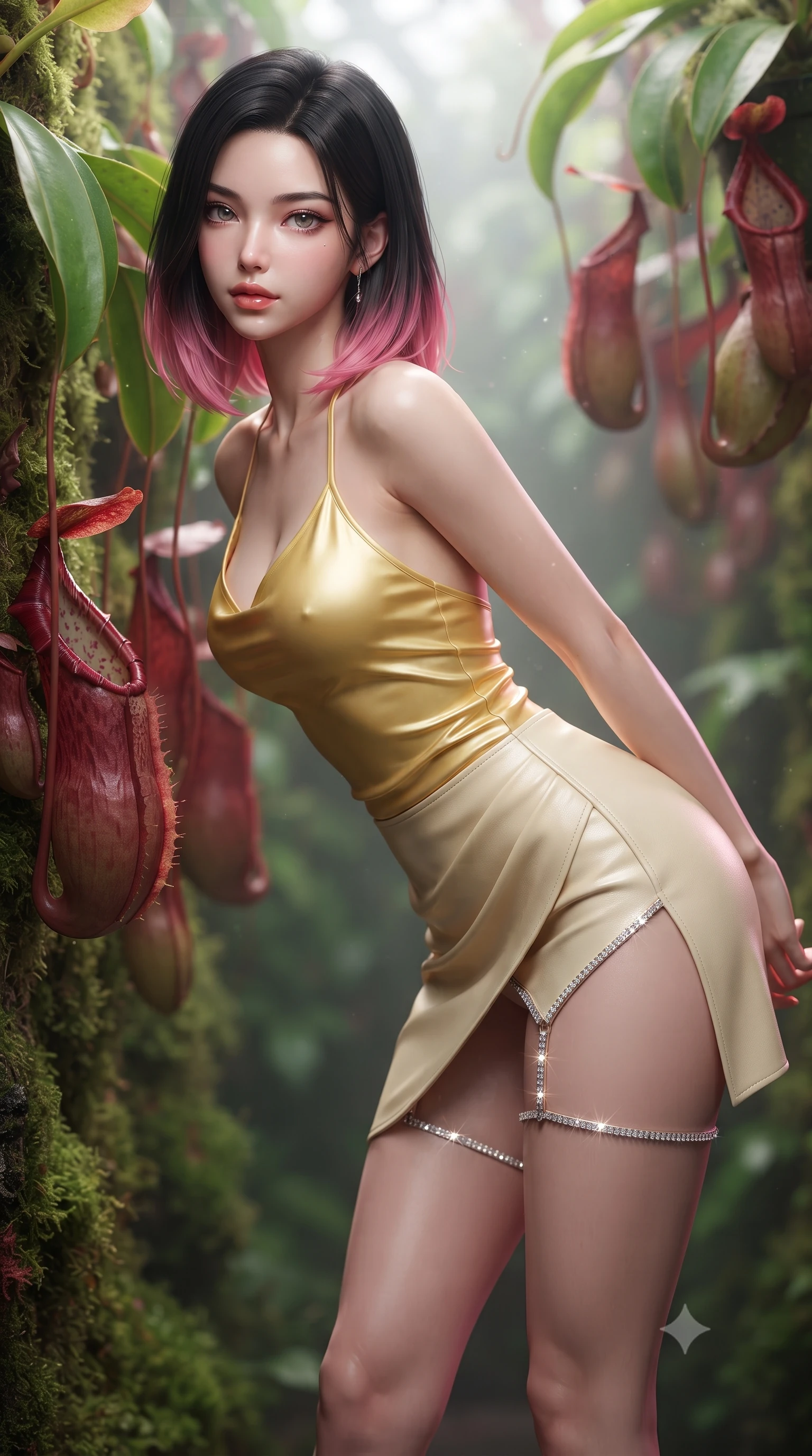 score_9, masterpiece, best quality, ultra-detailed, high-budget anime keyframe, editorial fashion photography, tasteful artistic composition, Korean woman. close-up cowboy shot from the waist and thighs up, the character dominates the composition, filling the frame with her large presence. leaning forward while arching her lower back to accentuate her curvy hips, looking into the camera with an intoxicating smoldering gaze and bedroom-eyes while standing poised beside clusters of hanging crimson pitcher plants, arching her spine with dangerous seductive siren allure. The background shows a soft-focus hanging nepenthes pitcher plants in shades of maroon and lime, lush moss walls, and drifting fog blurred into crimson, chartreuse, and silver bokeh. She has an exceptionally elegant, slender, and willowy female figure with an ultra-slim waist, flat toned midriff, narrow ribcage, and sculpted feminine hips creating an alluring, slim hourglass silhouette without bulk. sharp v-shaped jawline, high-bridge nose, sparkling eyes with hypnotic seductive depth, thick curled eyelashes, glossy parted lips with a natural dewy peach sheen, alluring bedroom-eyes with an enchanting coquettish smile, exuding magnetic siren charisma and sophisticated glamour, flawlessly proportioned anatomical accuracy, strict slender model proportions, natural body alignment, perfectly sculpted long slender limbs, ultra-slim waistline, clean dynamic posture without body distortion. wearing a liquid-tight halterneck silk camisole paired with a curve-hugging wrap sarong mini skirt with high side slit in sunlit daisy yellow and gardenia cream with olive accents, woven from buttery-soft stretch lambskin leather adhering to her body like a second skin, finished with delicate crystal-encrusted thigh garter straps glinting under the lights, the second-skin tailored fabric adhering flawlessly to her sculpted flat midriff and slender torso, emphasizing her long leg lines and perfectly proportioned willowy build. illuminated by mist particle light scatter and sharp emerald-magenta rim lights defining her razor-sharp jawline, narrow waist, and curvy hips. ultra-reflective glossy finish, specular highlights, rich textural contrasts, high-contrast stereoscopic depth, volumetric dynamic lighting, 2k, ultra detail, master piece, 9:16 ratio