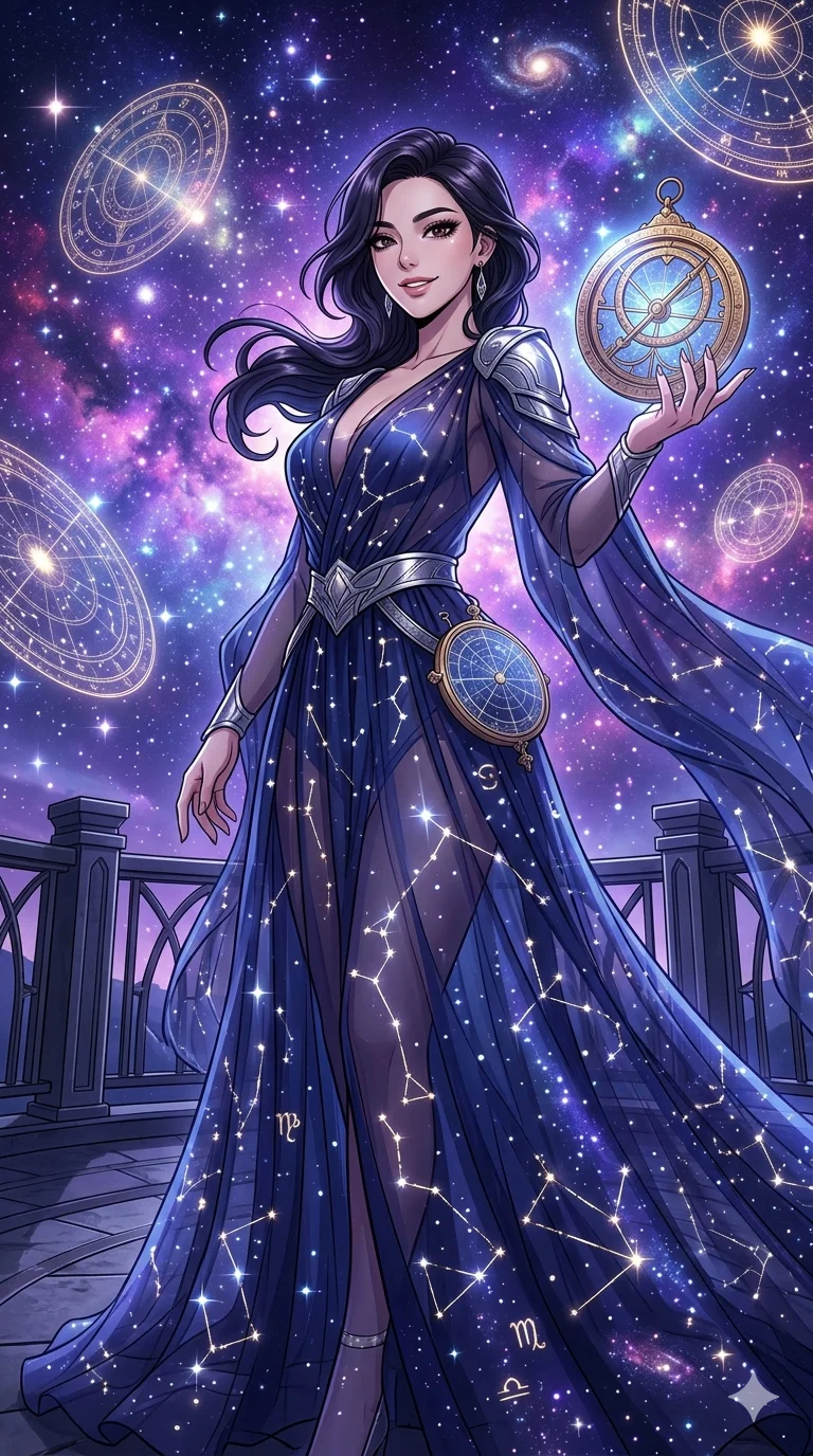 score_9, masterpiece, best quality, ultra-detailed, high-budget anime keyframe, an incredibly beautiful Korean woman. Dynamic low angle cowboy shot filling the entire 9:16 frame with her statuesque presence. She is a celestial navigator charting the stars. She possesses a statuesque height and a towering silhouette, highlighting her long slender legs and perfect 8-heads proportion. Her face is a highly detailed masterpiece featuring a sharp v-shaped jawline, high-bridge nose, intricate jewel-like eyes, thick eyelashes, and glossy lips. She is wearing a sheer fabric gown adorned with glowing constellations. A breathtaking view of a vibrant purple nebula and floating astrolabes., 2k, ultra detail, master piece, 9:16 ratio
