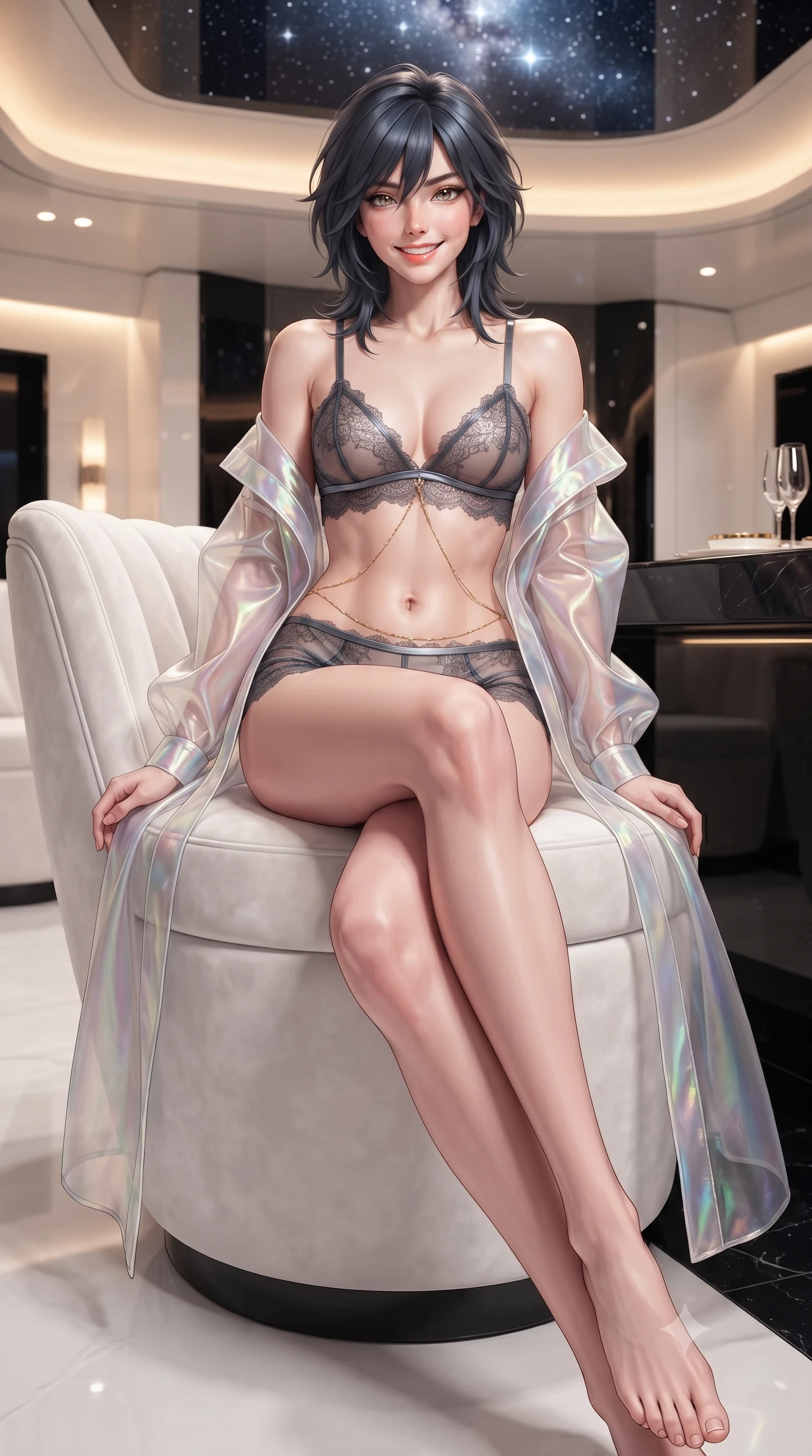 score_9, masterpiece, best quality, ultra-detailed, high-budget anime keyframe, editorial fashion photography, tasteful artistic composition, Caucasian woman. low angle full-body shot from head to toe showing her feet, filling the entire 9:16 vertical frame with her statuesque presence, stretching her vertical silhouette. stepping slowly toward the camera with hypnotic grace, hips swaying in an alluring sensual rhythm that accentuates her curvy hourglass silhouette and long slender legs while sitting gracefully on the sculptural white velvet banquette with legs crossed, her statuesque 8.5-heads silhouette commanding the luxury officer salon. The surrounding environment is rendered in vivid detail and crisp panoramic clarity: sharp seamless white lacquer architectural lines, polished black obsidian bar grain, and crisp starlight reflections in deep focus. She has an exceptionally tall and slender model-like 8.5-heads proportion, an ultra-slim waist, a flat toned midriff, narrow delicate ribcage, and beautifully sculpted feminine hips creating a graceful, slim hourglass silhouette without any bulky heaviness, with impossibly long slender legs. sharp v-shaped jawline, high-bridge nose, intricate jewel-like sparkling eyes with depth, thick eyelashes, glossy parted lips with a natural peach sheen, bright cheerful beaming smile with an enchanting and coquettish sensual glint, exuding both youthful cute charm and seductive allure, flawlessly proportioned anatomical accuracy, strict slender model proportions, natural body alignment, perfectly sculpted long slender limbs, ultra-slim waistline, clean dynamic posture without body distortion. wearing a translucent iridescent organza tactical robe slipping off bare shoulders over a matching satin micro-bralette and combat shorts in liquid mercury chrome and stealth charcoal, made of delicate semi-sheer French Chantilly lace with intricate eyelash edges, accented with a dainty gold belly chain resting across her flat midriff and curving hips, the bespoke structured tailoring following the natural line of her 8.5-heads silhouette with refined elegance. bathed in warm 2600K indirect cove lighting paired with the cool brilliant diamond sparkle of unpolluted cosmic starlight. ultra-reflective glossy finish, specular highlights, rich textural contrasts, high-contrast stereoscopic depth, volumetric dynamic lighting, 2k, ultra detail, master piece, 9:16 ratio