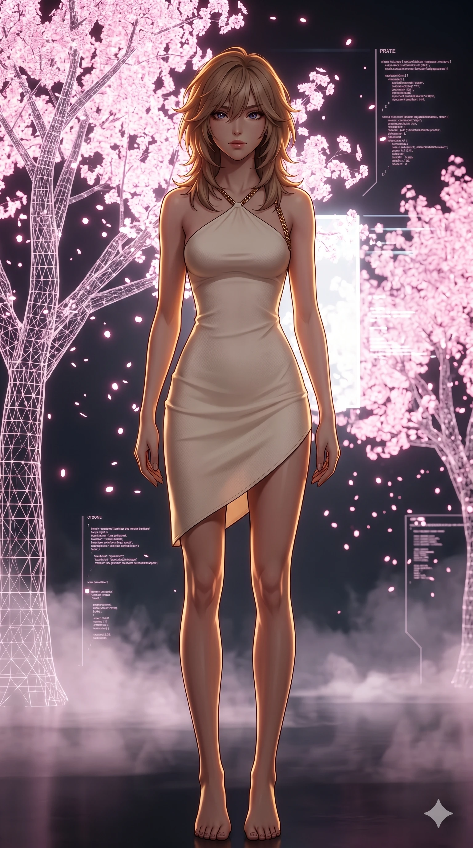 score_9, masterpiece, best quality, ultra-detailed, high-budget anime keyframe, editorial fashion photography, tasteful artistic composition, Japanese woman. cowboy shot from the thighs up, character and outfit filling the frame for maximum editorial presence. Casting a confident sidelong glance, her profile silhouetted against the bright background within a digital sky-garden where holographic cherry trees shed glowing pink data particles, with a soft holographic mist slowly rising from the floor. She has an absolutely perfect 8-heads proportion, an exceptionally tall and slender female figure with impossibly long slender legs and an ultra-slim waist. V-shaped jawline, high-bridge nose, intricate jewel-like eyes with depth, thick eyelashes, glossy lips with a natural sheen. wearing a minimalist cream-white halter dress with a single gold chain strap and an elevated side hemline. drenched in warm amber cinematic rim lighting that traces every contour of her silhouette against the dark. 2k, ultra detail, master piece, 9:16 ratio