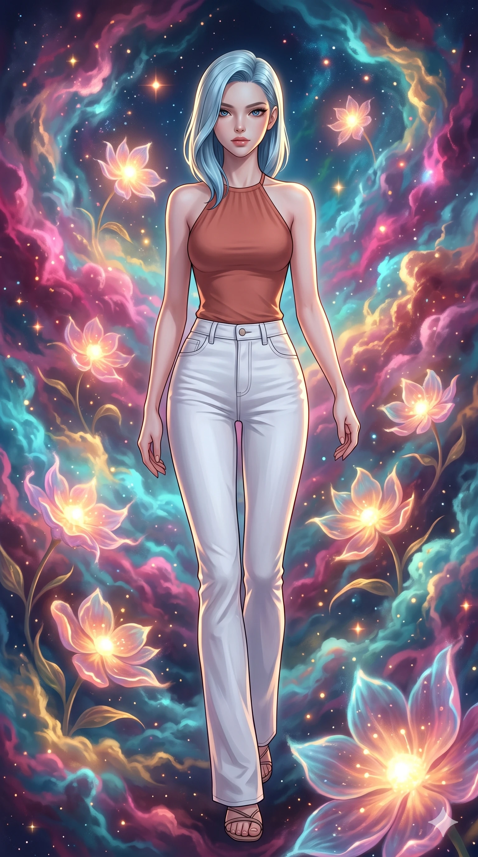 score_9, masterpiece, best quality, ultra-detailed, high-budget anime keyframe, editorial fashion photography, tasteful artistic composition, Korean woman. low angle full-body shot from head to toe showing her feet, filling the entire 9:16 vertical frame with her statuesque presence, stretching her vertical silhouette. navigating with fluid motion through a celestial garden where infant stars bloom like luminous flowers inside swirling colorful nebula clouds of magenta cyan and gold each proto-star casting its own warm glow onto petals of cosmic gas. She has a statuesque 8.5-heads proportion, an exceptionally tall, slender and willowy model-like build with impossibly long legs and a highly sculpted ultra-slim waist. sharp v-shaped jawline, high-bridge nose, intricate jewel-like eyes with depth, thick eyelashes, glossy lips with a natural sheen. wearing a backless halter-neck top in muted terracotta, paired with high-waisted white denim trousers. soft glowing ambient light with sharp side key light tracing the sleek contours of her figure. 2k, ultra detail, master piece, 9:16 ratio