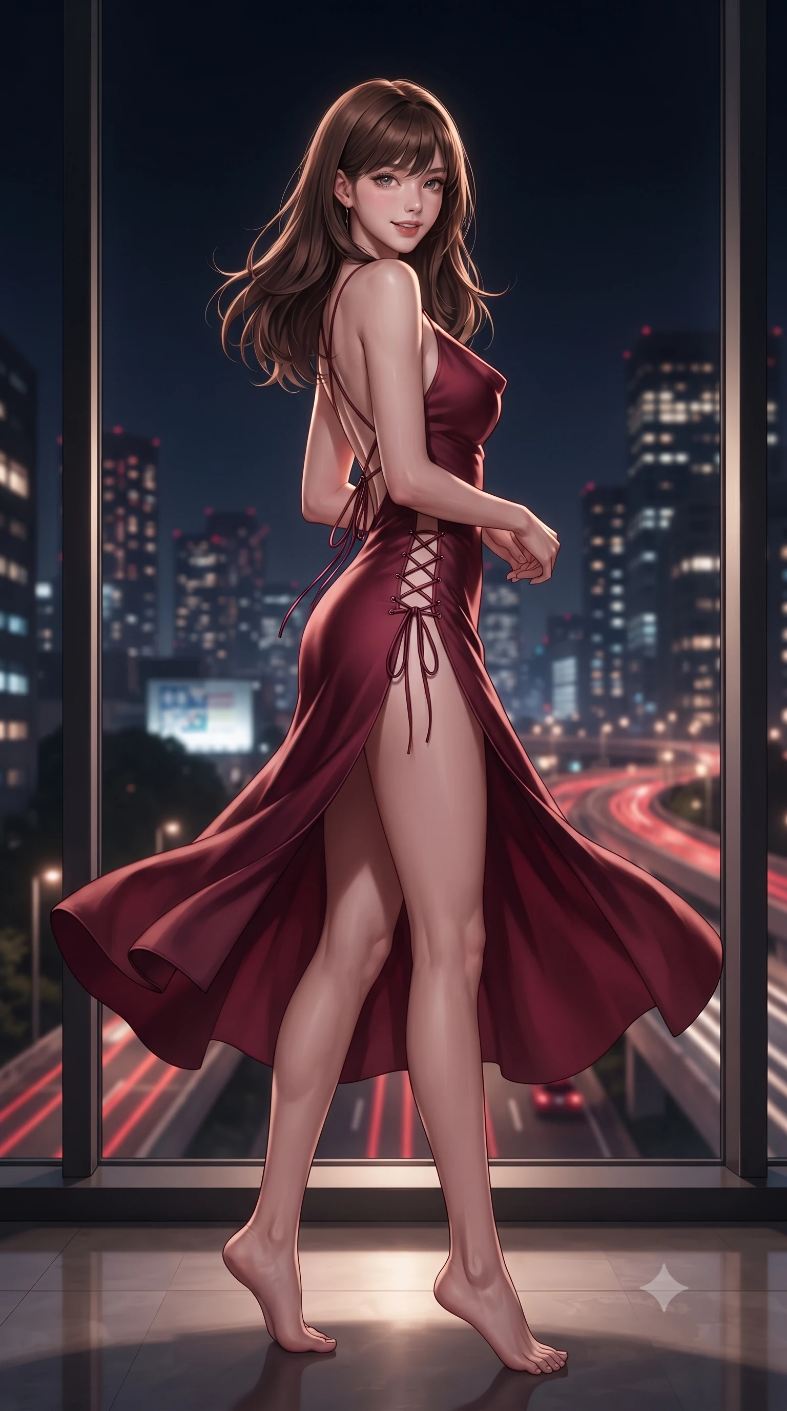 score_9, masterpiece, best quality, ultra-detailed, high-budget anime keyframe, editorial fashion photography, tasteful artistic composition, Korean woman. low angle full-body shot from head to toe showing her feet, filling the entire 9:16 vertical frame with her statuesque presence, stretching her vertical silhouette. executing a slow, graceful pivot turn as her skirt sways around her slender legs, glancing back with an enchanting, teasing sensual expression while standing poised beside the floor-to-ceiling panoramic glass bay with hips cocked back, looking over a bare shoulder toward the Shinjuku neon sea. The background shows a soft-focus glittering sea of Tokyo night skyscrapers, moving red vehicle light trails on expressway overpasses, and dark night sky blurred into ruby, obsidian, and platinum bokeh. She has an absolutely perfect, statuesque 8.5-heads proportion, an exceptionally tall and slender model-like female figure with impossibly long slender legs, an ultra-slim waist, a flat toned midriff, narrow delicate ribcage, and beautifully sculpted feminine hips creating a graceful, slim hourglass silhouette without any bulky heaviness. sharp v-shaped jawline, high-bridge nose, sparkling eyes with hypnotic seductive depth, thick curled eyelashes, glossy parted lips with a natural dewy peach sheen, alluring bedroom-eyes with an enchanting coquettish smile, exuding magnetic siren charisma and sophisticated glamour, flawlessly proportioned anatomical accuracy, strict slender model proportions, natural body alignment, perfectly sculpted long slender limbs, ultra-slim waistline, clean dynamic posture without body distortion. wearing a plunging cowl-neck liquid cashmere-silk slip gown with daring hip-high double slits and delicate back ties in smoldering Chianti crimson wine and deep rose-gold, tailored from fine structural neoprene with crisp architectural edges and smooth contouring, featuring fine criss-cross lace-up side ties revealing tantalizing glimpses of her hip curve, the glove-like clinging cut tightly following the natural contour of her hips and long slender legs with youthful 8.5-heads elegance. illuminated by black lacquer reflection bounce and sharp platinum-gold rim lights sculpting her jawline, narrow waist, and curvy hips. ultra-reflective glossy finish, specular highlights, rich textural contrasts, high-contrast stereoscopic depth, volumetric dynamic lighting, 2k, ultra detail, master piece, 9:16 ratio