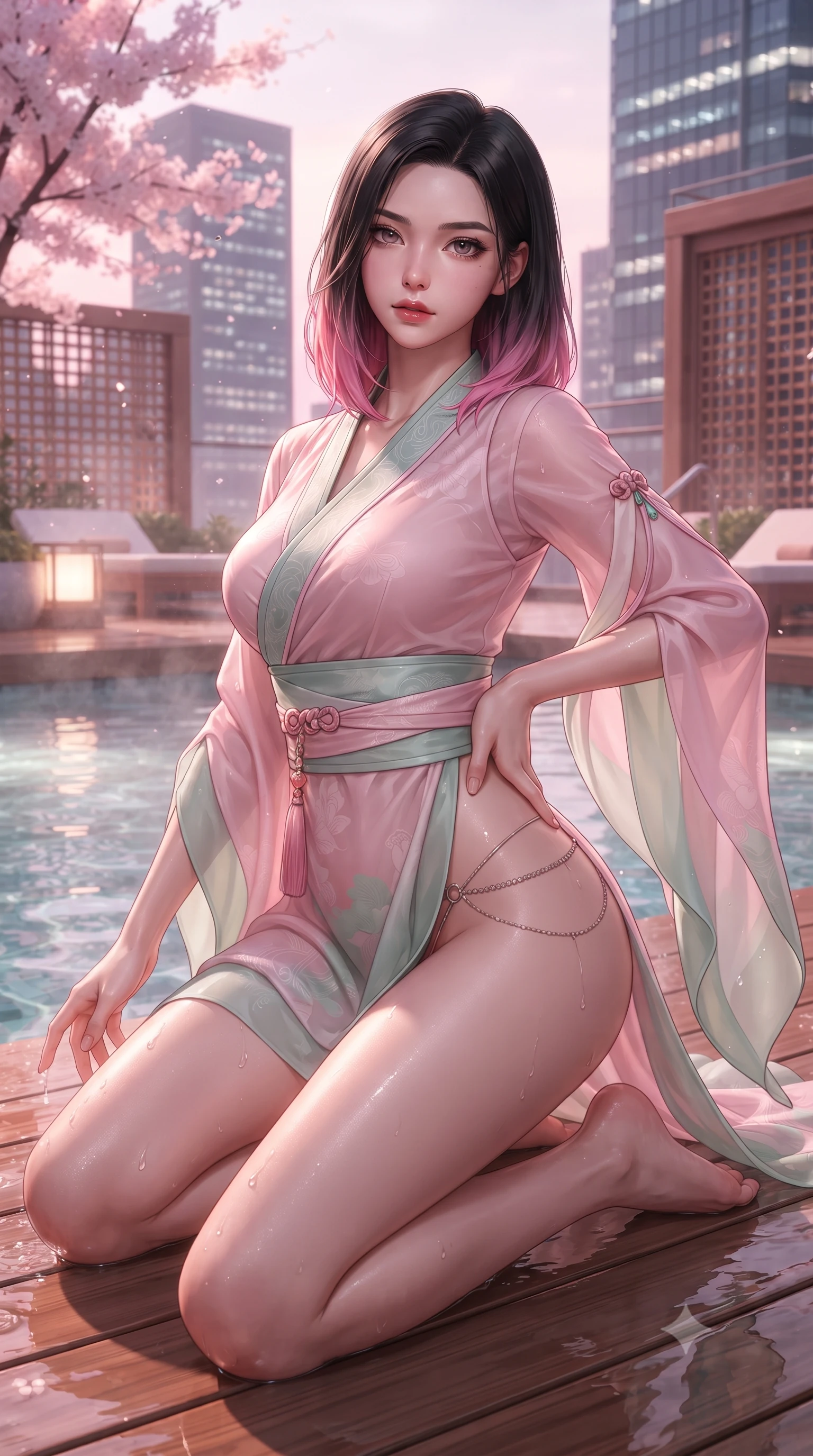 score_9, masterpiece, best quality, ultra-detailed, high-budget anime keyframe, editorial fashion photography, tasteful artistic composition, Korean woman. close-up cowboy shot from the waist and thighs up, the character dominates the composition, filling the frame with her large presence. leaning back with relaxed seductive grace, her sculpted collarbones and narrow waist highlighted as she casts smoldering bedroom-eyes directly into the camera while kneeling gracefully on the warm wet cedar deck, one hand resting on her bare hip as thermal steam caresses her feminine curves. The surrounding environment is rendered in vivid detail and crisp panoramic clarity. detailed mineral pool ripple caustics, cedar lattice work, and city skyscraper windows in high clarity. She has an exceptionally elegant, slender, and willowy female figure with an ultra-slim waist, a gracefully sculpted slender torso, toned flat midriff, and rounded feminine hips creating an alluring hourglass silhouette. sharp v-shaped jawline, high-bridge nose, intricate jewel-like eyes with depth, thick eyelashes, glossy parted lips with a natural sheen, intensely captivating and seductive bedroom-eyes expression, flawlessly proportioned anatomical accuracy, strict slender model proportions, natural body alignment, perfectly sculpted long slender limbs, ultra-slim waistline, clean dynamic posture without body distortion. wearing a traditional-modern silk fusion wrap dress with asymmetric trailing sleeves and waist-cinching obi in lotus petal pink and jade mist, tailored from crisp ceremonial cotton and multi-layered translucent chiffon, complemented by a delicate metallic hip chain catching the pool caustics, the form-contouring material adhering flawlessly to her sculpted flat midriff and slender torso, emphasizing her long leg lines and perfectly proportioned willowy build. bathed in soft pink cherry blossom ambient glow and warm underwater mineral pool lights. ultra-reflective glossy finish, specular highlights, rich textural contrasts, high-contrast stereoscopic depth, volumetric dynamic lighting, 2k, ultra detail, master piece, 9:16 ratio