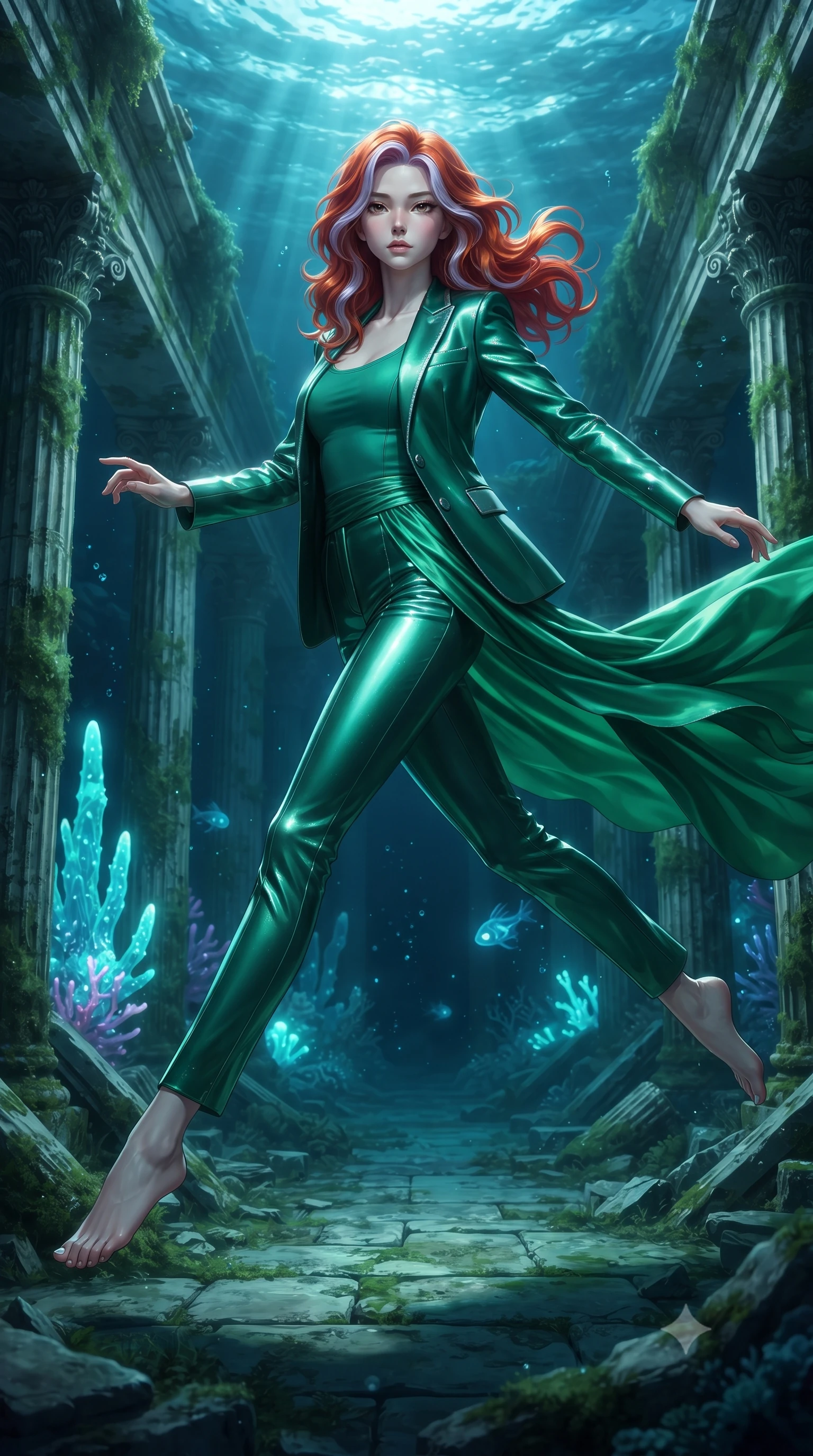 score_9, masterpiece, best quality, ultra-detailed, high-budget anime keyframe, editorial fashion photography, tasteful artistic composition, Caucasian woman. low angle full-body shot from head to toe showing her feet, filling the entire 9:16 vertical frame with her statuesque presence, stretching her vertical silhouette. leaping gracefully through mid-air with statuesque elegance, her impossibly long slender legs stretched in perfect balance while gliding dynamically through a sunken colonnade as ocean currents swirl her flowing gown, glowing aqua coral spires emitting pulsing luminescence in the background. She has an absolutely perfect, statuesque 8.5-heads proportion, an exceptionally tall and slender model-like female figure with impossibly long slender legs and an ultra-slim waist. sharp v-shaped jawline, high-bridge nose, intricate jewel-like eyes with depth, thick eyelashes, glossy lips with a natural sheen, flawlessly proportioned anatomical accuracy, natural body alignment, perfectly sculpted elegant limbs, clean dynamic posture without body distortion. wearing a tailored silk blazer over a form-contouring scoop-neck top and slacks in deep emerald green and silver accent, formed from sleek second-skin neoprene, accented with a Tasteful chest slit framing her clavicle gracefully, the elegant draped fit framing her graceful clavicle and slender torso. surrounded by a shimmering ocean aura with bright pearl-white specular rim lights. ultra-reflective glossy finish, specular highlights, metallic sheen, high-contrast stereoscopic depth, volumetric dynamic lighting, 2k, ultra detail, master piece, 9:16 ratio