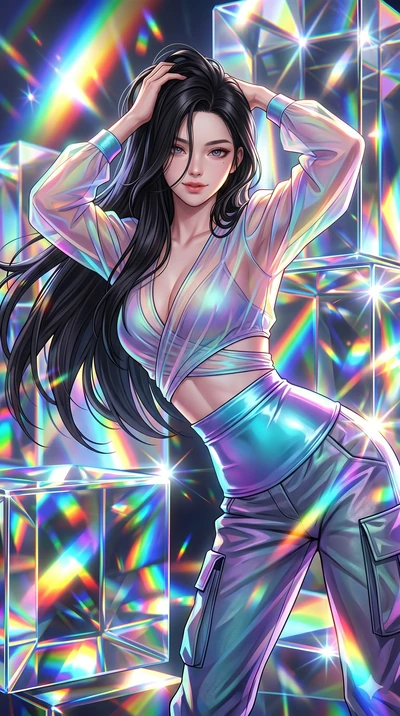 score_9, masterpiece, best quality, ultra-detailed, high-budget anime keyframe, semi-realistic 3D game render, Korean woman. Upper body close-up from the thighs up, character filling the screen for maximum presence. She is bending sideways dynamicall