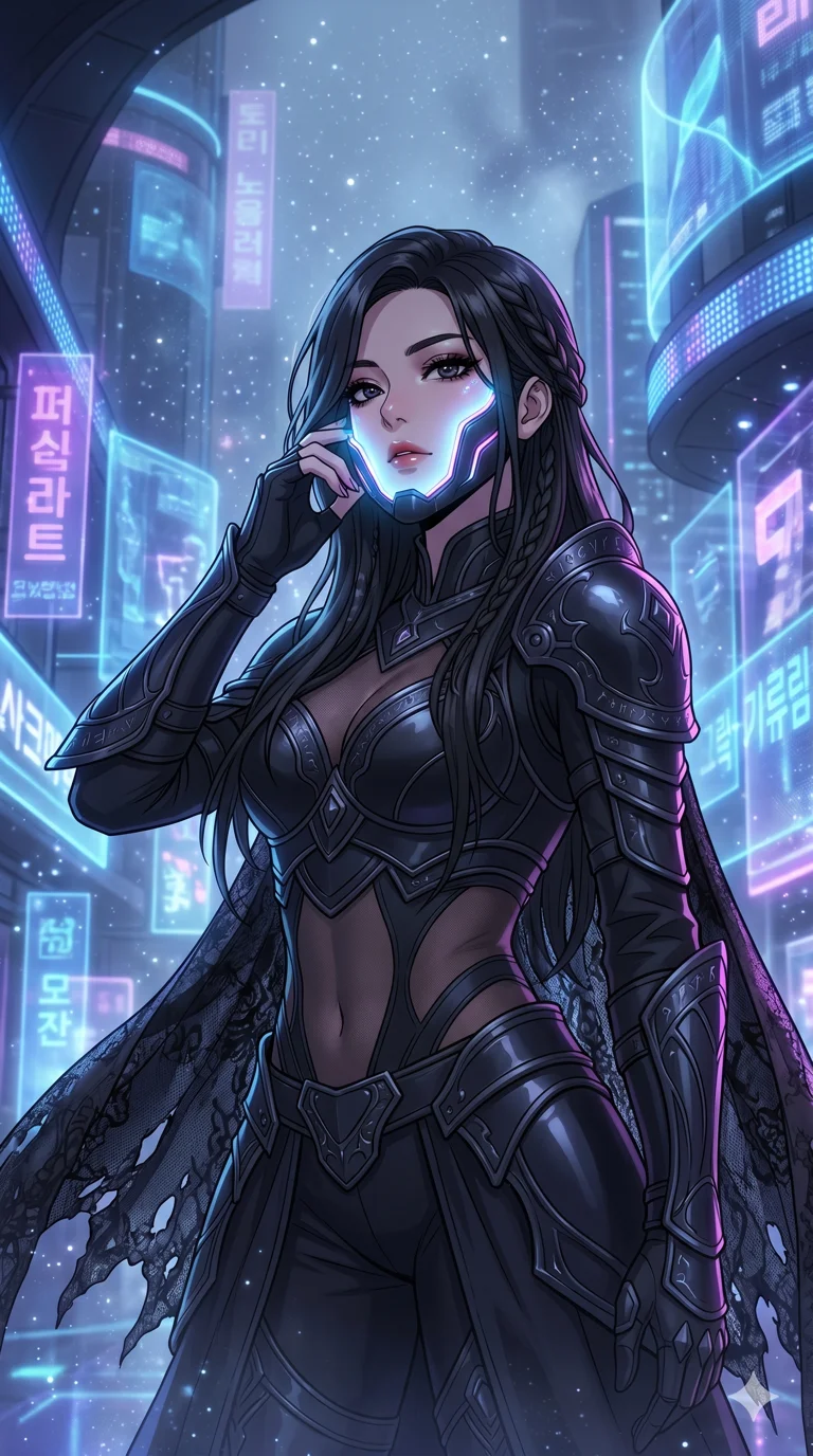 score_9, masterpiece, best quality, ultra-detailed, high-budget anime movie keyframe, cinematic anime lighting, intricate line art, Korean woman. Low angle cowboy shot filling the entire 9:16 frame with her statuesque presence. adjusting a glowing mask in a holographic shopping mall in a mist of stardust. She has an absolutely perfect 8-heads proportion, an exceptionally tall and slender female figure with an ultra-slim waist and impossibly long slender legs. sharp v-shaped jawline, high-bridge nose, intricate jewel-like eyes, thick eyelashes, glossy lips. Wearing dark fantasy gothic leather armor with ornate obsidian plates, a tattered lace cape, and sheer mesh cut-outs at the midriff, exuding a mysterious allure. The scene is illuminated by dramatic atmospheric lighting and vibrant color palettes. , 2k, ultra detail, master piece, 9:16 ratio