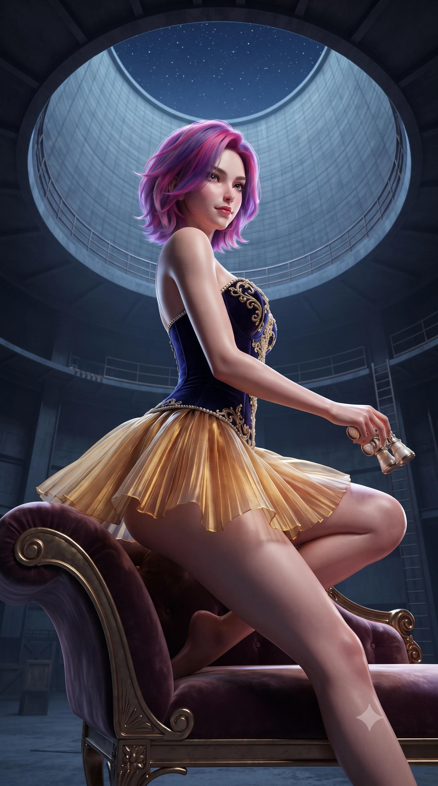score_9, masterpiece, best quality, ultra-detailed, high-budget anime keyframe, editorial fashion photography, tasteful artistic composition, Caucasian woman. close-up cowboy shot from the waist and thighs up, the character dominates the composition, filling the frame with her large presence. perched sideways on the lounge seat, one knee drawn up to showcase her slender leg line while her arched back accentuates her feminine hip curve while standing centered on the circular metal catwalk inside the colossal hyperboloid cooling tower, arching her back toward the starry sky above. The background shows a soft-focus distant catwalk ladders softened in colossal industrial shallow focus. She has an exceptionally elegant, slender, and willowy female figure with an ultra-slim waist, flat toned midriff, narrow ribcage, and sculpted feminine hips creating an alluring, slim hourglass silhouette without bulk. sharp v-shaped jawline, high-bridge nose, sparkling eyes with hypnotic seductive depth, thick curled eyelashes, glossy parted lips with a natural dewy peach sheen, alluring bedroom-eyes with an enchanting coquettish smile, exuding magnetic siren charisma and sophisticated glamour, flawlessly proportioned anatomical accuracy, strict slender model proportions, natural body alignment, perfectly sculpted long slender limbs, ultra-slim waistline, clean dynamic posture without body distortion. wearing a structured velvet ballet bodice with gold filigree embroidery paired with an airy knife-pleated organza mini skirt in molten liquid gold and midnight indigo, tailored from fine ribbed modal knit with gentle elastic contouring and soft hand-feel, accented with an antique mother-of-pearl opera glass held casually in one hand, the form-contouring silhouette accentuating her sculpted flat midriff, narrow delicate ribcage, and gracefully curvy hips with intoxicating allure. illuminated by concrete bounce fill and sharp cold-platinum rim lights sculpting her razor-sharp jawline, narrow waist, and curvy hips. ultra-reflective glossy finish, specular highlights, rich textural contrasts, high-contrast stereoscopic depth, volumetric dynamic lighting, 2k, ultra detail, master piece, 9:16 ratio