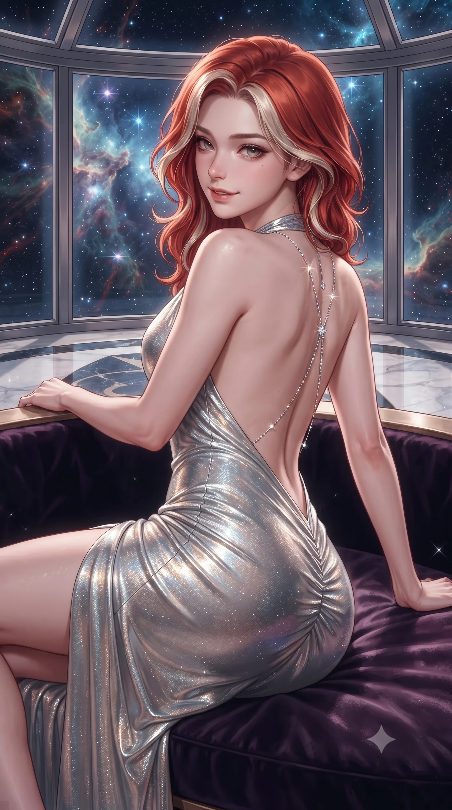 score_9, masterpiece, best quality, ultra-detailed, high-budget anime keyframe, editorial fashion photography, tasteful artistic composition, Caucasian woman. close-up cowboy shot from the waist and thighs up, the character dominates the composition, filling the frame with her large presence. turning over a bare shoulder with an intoxicating, teasing smile, her soft hair framing her sharp jawline as her hips angle gracefully while reclining on a velvet-lined observation platform propped on one elbow, looking back over her shoulder with an intoxicating bedroom-gaze. The surrounding environment is rendered in vivid detail and crisp panoramic clarity. detailed deep-space nebula filaments, crystal prism reflections, and marble floor inlay in high clarity. She has an exceptionally elegant, slender, and willowy female figure with an ultra-slim waist, a gracefully sculpted slender torso, toned flat midriff, and rounded feminine hips creating an alluring hourglass silhouette. sharp v-shaped jawline, high-bridge nose, intricate jewel-like eyes with depth, thick eyelashes, glossy parted lips with a natural sheen, intensely captivating and seductive bedroom-eyes expression, flawlessly proportioned anatomical accuracy, strict slender model proportions, natural body alignment, perfectly sculpted long slender limbs, ultra-slim waistline, clean dynamic posture without body distortion. wearing a plunging halter-neck metallic lamé column dress with a dramatic bare spine and hip-defining ruching in shimmering silver mercury and pearl white, crafted from luxurious metallic lamé that shifts radiance like distant stars, accented with a glittering crystal constellation back chain tracing her bare spine, the precision-cut side openings and low-back scoop framing her graceful spine and the sensual sweep of her hips. surrounded by a celestial, immortal, and deeply hypnotic cosmos sovereign aura. ultra-reflective glossy finish, specular highlights, rich textural contrasts, high-contrast stereoscopic depth, volumetric dynamic lighting, 2k, ultra detail, master piece, 9:16 ratio