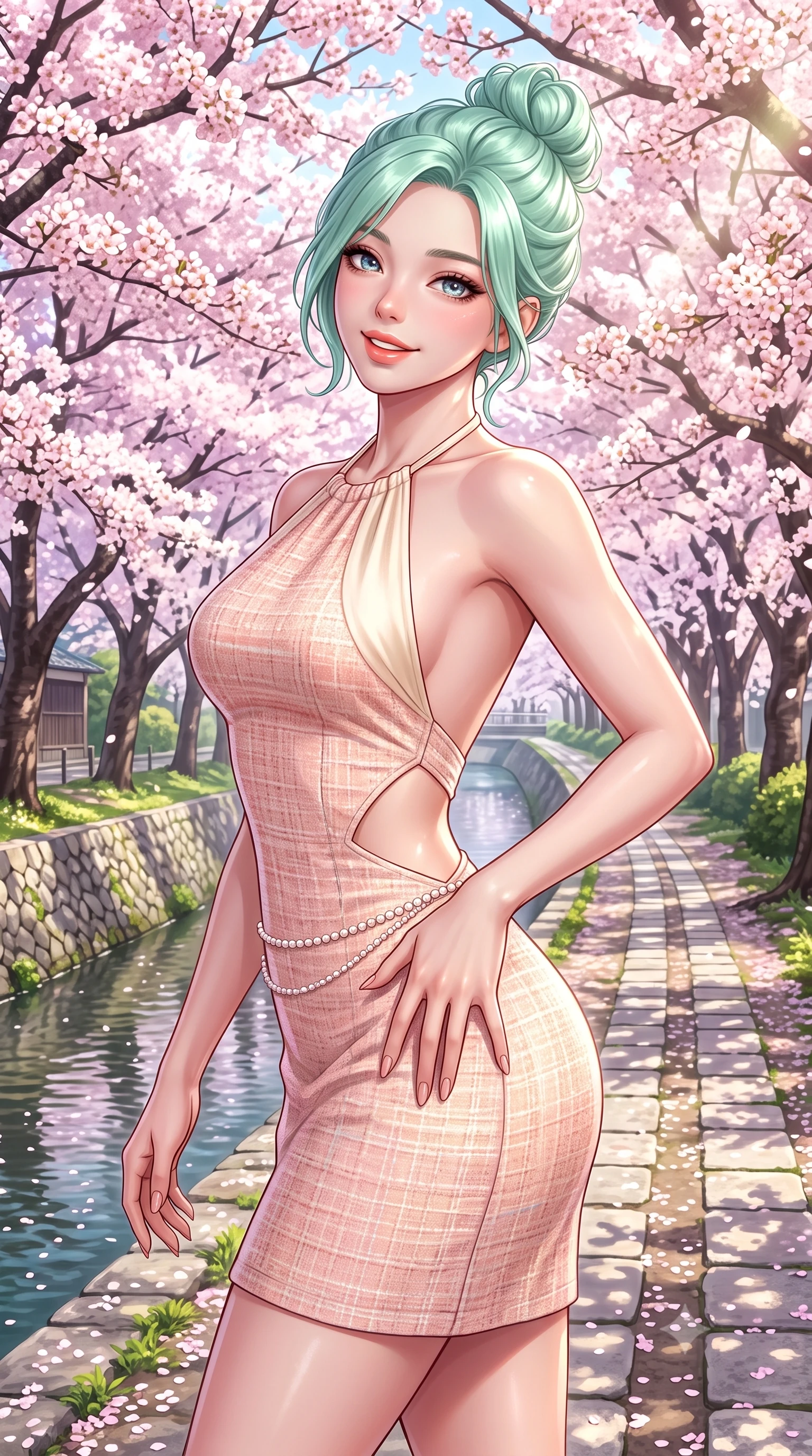 score_9, masterpiece, best quality, ultra-detailed, high-budget anime keyframe, semi-realistic 3D game render, editorial fashion photography, tasteful artistic composition, Japanese woman. close-up cowboy shot from the waist and thighs up, the character dominates the composition, filling the frame with her large presence. tilting her head with a cute beaming smile while arching her spine with effortless dancer poise, one hand sliding along her hip line in a flirtatious S-curve while walking gracefully along the stone canal pathway beneath hundreds of blooming cherry trees, arching her lower back with a bright, charming smile. The surrounding environment is rendered in vivid detail and crisp panoramic clarity. detailed silk dress drape, soft sun glints on skin, and Philosopher's Path landscape clarity in high resolution. She has an exceptionally elegant, slender, and willowy female figure with an ultra-slim waist, flat toned midriff, narrow ribcage, and sculpted feminine hips creating an alluring, slim hourglass silhouette without bulk. sharp v-shaped jawline, high-bridge nose, intricate jewel-like sparkling eyes with depth, thick eyelashes, glossy parted lips with a natural peach sheen, bright cheerful beaming smile with an enchanting and coquettish sensual glint, exuding both youthful cute charm and seductive allure, flawlessly proportioned anatomical accuracy, strict slender model proportions, natural body alignment, perfectly sculpted long slender limbs, ultra-slim waistline, clean dynamic posture without body distortion. wearing a backless pastel halter sundress with side-waist diamond cutouts and an ultra-fitted hip-hugging silhouette in pastel peach blossom pink and warm champagne ivory, tailored from soft pastel tweed with subtle metallic shimmer, accented with a dainty pearl waist chain catching the ambient sunlight, the precision-cut side openings and low-back scoop framing her graceful spine and the sensual sweep of her slim, toned hips. bathed in bright morning spring sunlight scattering through blooming flower canopies. highly saturated vibrant anime colors, detailed shading with soft gradients, rich glossy textures, high-contrast stereoscopic depth, volumetric dynamic lighting, master piece, 9:16 ratio