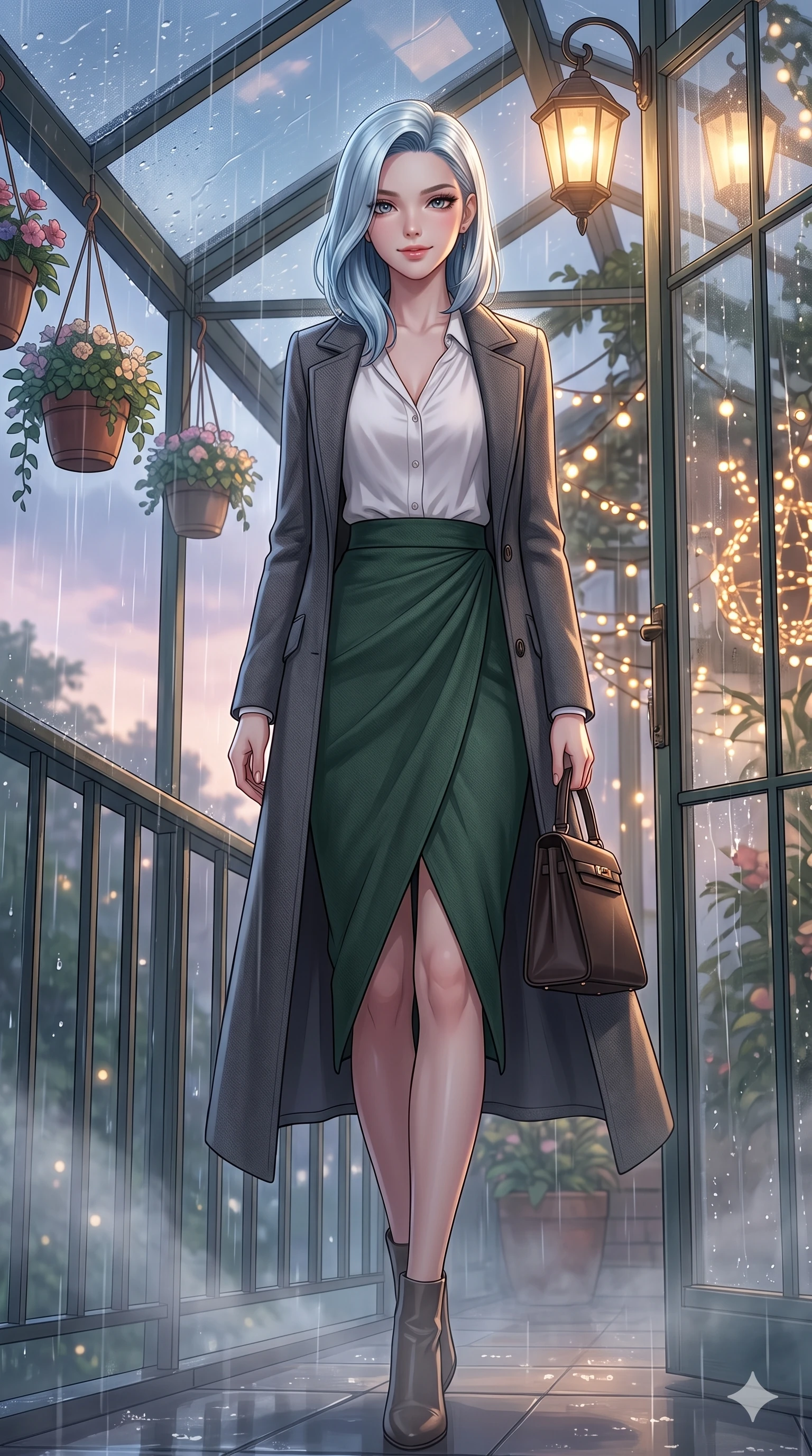 score_9, masterpiece, best quality, ultra-detailed, high-budget anime keyframe, vibrant anime aesthetic, Korean woman. low angle full-body shot from head to toe showing her feet, filling the entire 9:16 vertical frame with her statuesque presence, stretching her vertical silhouette. She is posing near glass greenhouse panels, smiling delightfully over her shoulder, gazing softly at the camera lens surrounded by fresh morning mist. on a glass-roofed balcony decorated with hanging flower pots and warm fairy lights, under a steady rainfall (Code-P22-038). She has an absolutely perfect 8-heads proportion, an exceptionally tall and slender female figure with impossibly long slender legs and an ultra-slim waist. V-shaped jawline, high-bridge nose, intricate jewel-like eyes with depth, thick eyelashes, glossy lips with a natural sheen. wearing a long wool coat over a chic blouse and a matching wrap skirt with a designer bag. She is bathed in soft twilight glow mixed with warm lantern lights, highlighting her V-shaped jawline during a refreshing sun shower. 2k, ultra detail, master piece, 9:16 ratio