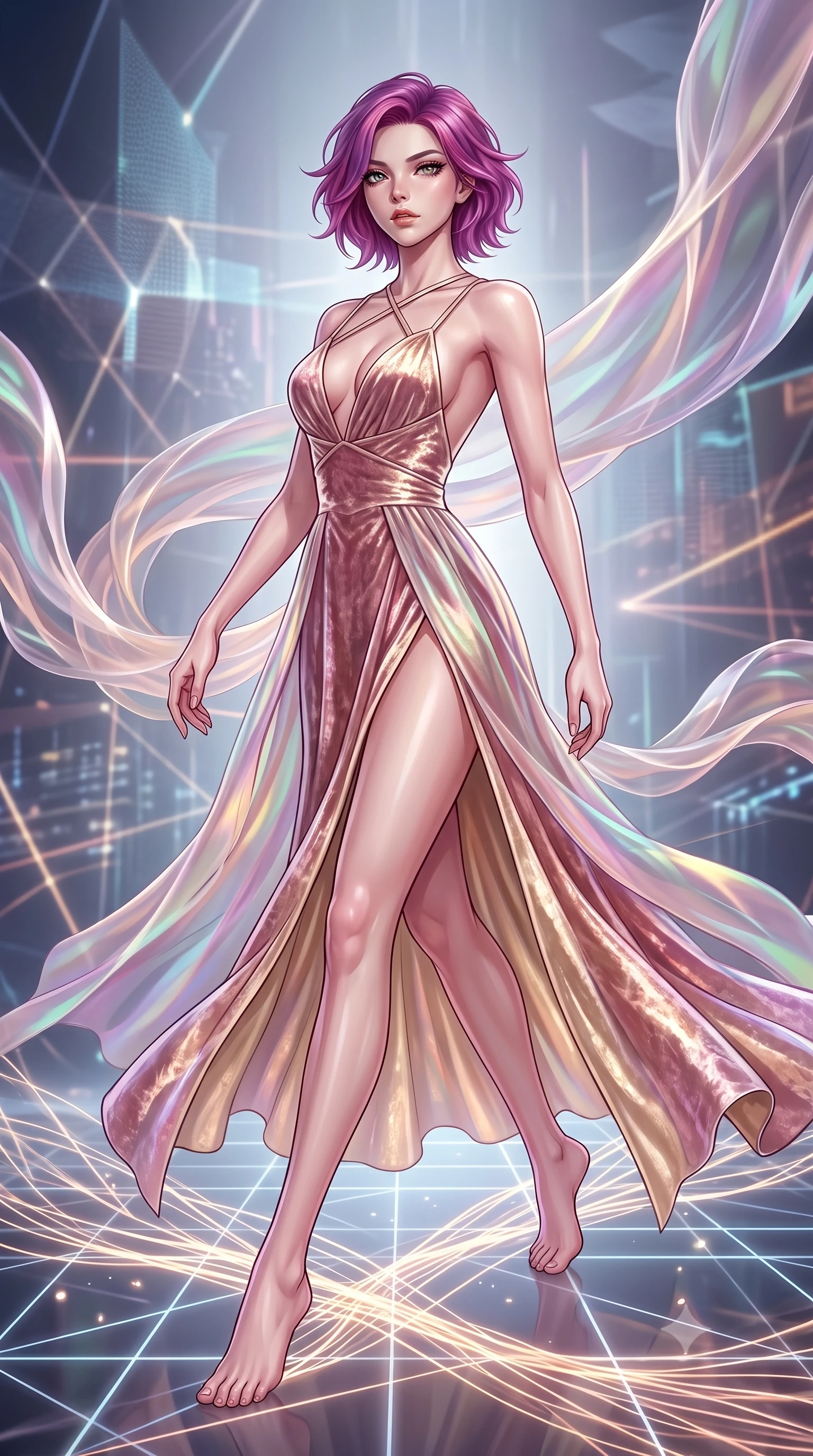 score_9, masterpiece, best quality, ultra-detailed, high-budget anime keyframe, editorial fashion photography, tasteful artistic composition, Caucasian woman. low angle full-body shot from head to toe showing her feet, filling the entire 9:16 vertical frame with her statuesque presence, stretching her vertical silhouette. stepping forward in a proud dynamic stride, her vertical silhouette filling the frame with statuesque presence while leaping across a geometric light matrix with glowing filament threads fluttering behind her, translucent silk-like plasma streams swirling around her silhouette. She has an absolutely perfect, statuesque 8.5-heads proportion, an exceptionally tall and slender model-like female figure with impossibly long slender legs and an ultra-slim waist. sharp v-shaped jawline, high-bridge nose, intricate jewel-like eyes with depth, thick eyelashes, glossy lips with a natural sheen, flawlessly proportioned anatomical accuracy, natural body alignment, perfectly sculpted elegant limbs, clean dynamic posture without body distortion. wearing a backless crushed velvet gown with a deep V-neckline and high thigh slit in dusty rose and champagne gold, crafted from iridescent chiffon that shifts colors in the light, complemented by criss-cross back straps highlighting her bare shoulders, the form-contouring material highlighting her ultra-slim waist and long lines. bathed in sharp geometric laser grid highlights and soft ambient fill. highly saturated vibrant anime colors, detailed shading with soft gradients, rich glossy textures, high-contrast stereoscopic depth, volumetric dynamic lighting, master piece, 9:16 ratio