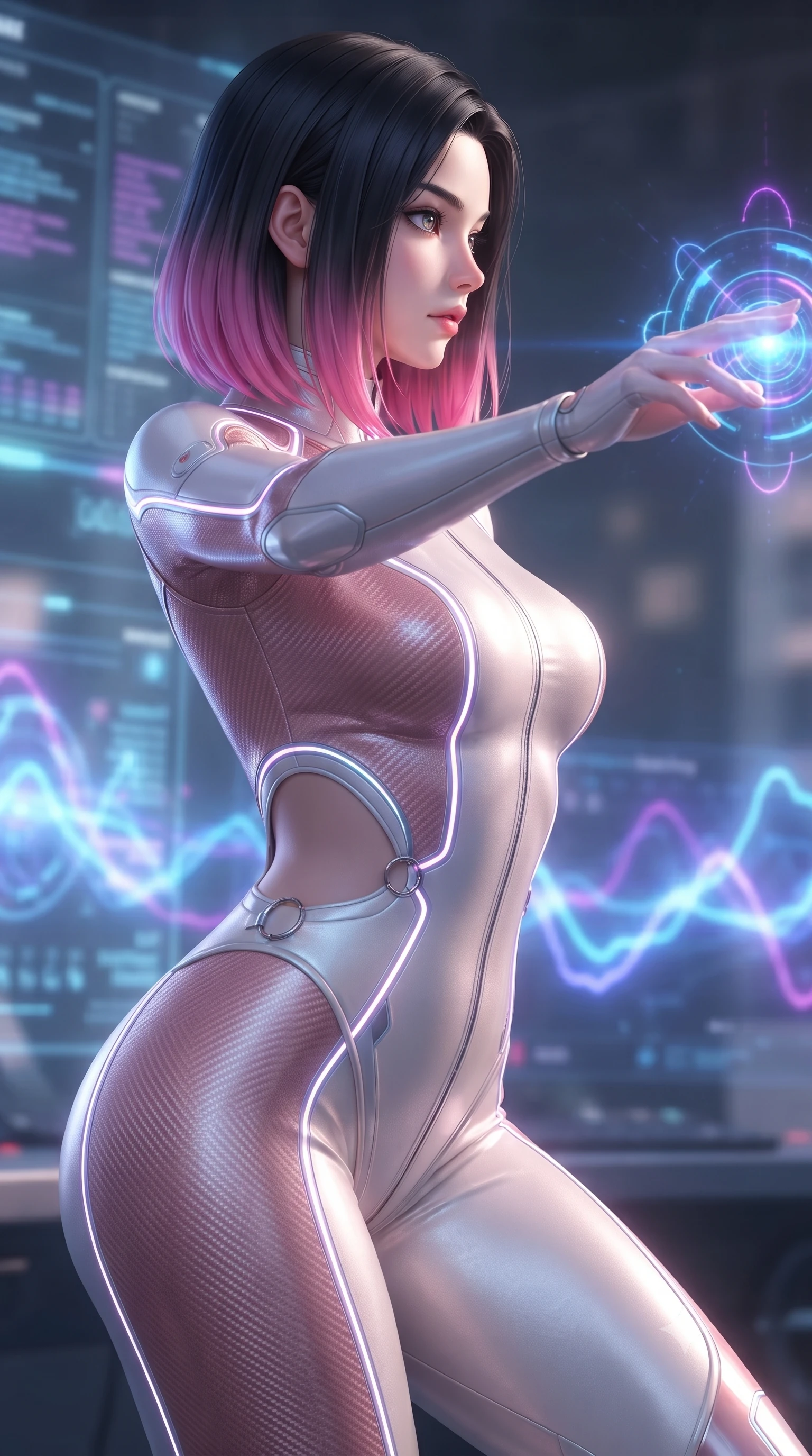 score_9, masterpiece, best quality, ultra-detailed, high-budget anime keyframe, editorial fashion photography, tasteful artistic composition, Korean woman. close-up cowboy shot from the waist and thighs up, the character dominates the composition, filling the frame with her large presence, background elements kept in soft focus. Turning her face in sharp profile while her upper body leans forward with poised athletic grace while reaching forward with an elegant arm stretch to intercept a pulsating data node, glowing plasma arcs pulsating rhythmically in the background atmosphere. She has an exceptionally elegant, slender, and willowy female figure with an ultra-slim waist, a gracefully sculpted slender torso, and a refined silhouette. sharp v-shaped jawline, high-bridge nose, intricate jewel-like eyes with depth, thick eyelashes, glossy lips with a natural sheen, flawlessly proportioned anatomical accuracy, natural body alignment, perfectly sculpted elegant limbs, clean dynamic posture without body distortion. wearing a skin-tight cybernetic bodysuit with glowing neon seams and side cutouts in pearl white and rose gold, made of fine carbon-fiber weave and soft matte leather, accented with delicate chrome ring hardware framing her waist, the glove-like fit emphasizing her statuesque silhouette during motion. illuminated by radiant holographic displays and intense laser beam highlights. ultra-reflective glossy finish, specular highlights, metallic sheen, high-contrast stereoscopic depth, volumetric dynamic lighting, 2k, ultra detail, master piece, 9:16 ratio