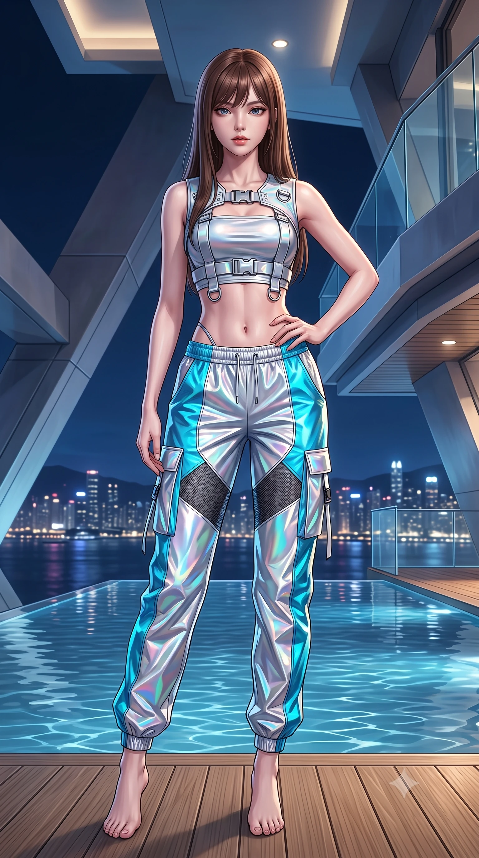 score_9, masterpiece, best quality, ultra-detailed, high-budget anime keyframe, semi-realistic 3D game render, editorial fashion photography, tasteful artistic composition, Korean woman. low angle full-body shot from head to toe showing her feet, filling the entire 9:16 vertical frame with her statuesque presence, stretching her vertical silhouette. standing poised with one hip cocked in an alluring high-fashion pose, her tall 8.5-heads proportions dominating the scene while pivoting gracefully beside an infinity pool as midnight city lights shimmer across the water's surface. The surrounding environment is rendered in vivid detail and crisp panoramic clarity. crystal-clear penthouse glass railings, modern teak wood decking, and sharp architectural angles in deep focus. She has an absolutely perfect, statuesque 8.5-heads proportion, an exceptionally tall and slender model-like female figure with impossibly long slender legs, a toned flat midriff, and an ultra-slim waist. sharp v-shaped jawline, high-bridge nose, intricate jewel-like eyes with depth, thick eyelashes, glossy lips with a natural sheen, captivating and magnetic expression, flawlessly proportioned anatomical accuracy, strict slender model proportions, natural body alignment, perfectly sculpted long slender limbs, ultra-slim waistline, clean dynamic posture without body distortion. wearing a futuristic cropped tech-harness vest worn over a silver reflective tube top and high-rise metallic parachute cargo pants in holographic silver and electric cyan, crafted from high-gloss metallic ripstop nylon and flexible carbon mesh, detailed with heavy-duty chrome quick-release buckles and D-ring straps edition #30, the precision-cut daring openings accentuating her delicate midriff, graceful bare collarbones, and ultra-slim feminine waistline. surrounded by a cosmopolitan, elite, and intensely magnetic modern royalty aura. highly saturated vibrant anime colors, detailed shading with soft gradients, rich glossy textures, high-contrast stereoscopic depth, volumetric dynamic lighting, master piece, 9:16 ratio