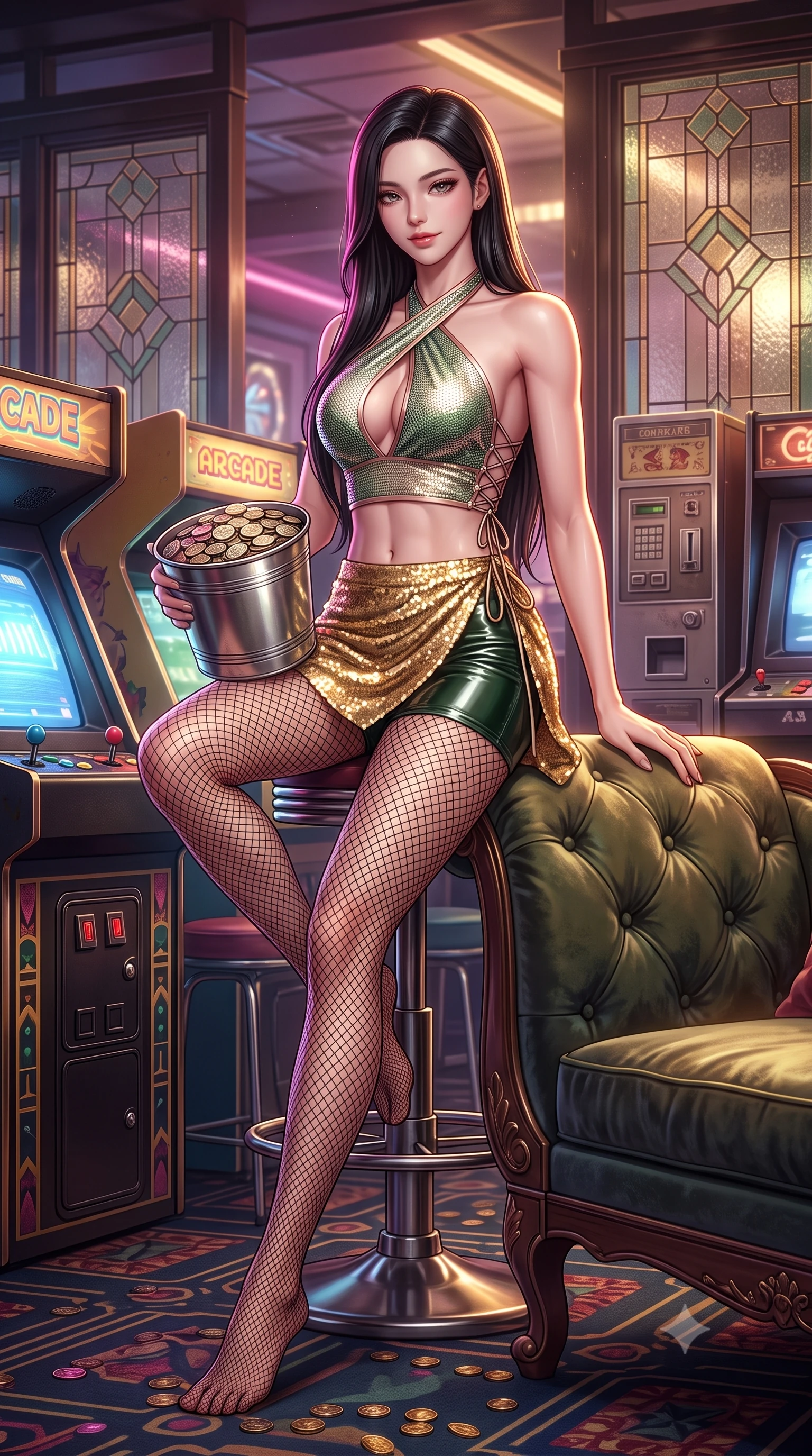 score_9, masterpiece, best quality, ultra-detailed, high-budget anime keyframe, semi-realistic 3D game render, editorial fashion photography, tasteful artistic composition, Korean woman. low angle full-body shot from head to toe showing her feet, filling the entire 9:16 vertical frame with her statuesque presence, stretching her vertical silhouette. reclining gracefully across the plush chaise lounge with one leg extended, her sculpted silhouette and flat midriff radiating magnetic nocturnal glamour while sitting perched on the machine stool with legs extended, holding a bucket of metallic prize tokens with an intoxicating bedroom-smile. The surrounding environment is rendered in vivid detail and crisp panoramic clarity: detailed wet-look vinyl hot-pants cling, fishnet stocking texture, and retro-futuristic arcade styling in razor-sharp precision. She has an absolutely perfect, statuesque 8.5-heads proportion, an exceptionally tall and slender model-like female figure with impossibly long slender legs, an ultra-slim waist, a flat toned midriff, narrow delicate ribcage, and beautifully sculpted feminine hips creating a graceful, slim hourglass silhouette without any bulky heaviness. sharp v-shaped jawline, high-bridge nose, sparkling eyes with hypnotic seductive depth, thick curled eyelashes, glossy parted lips with a natural dewy peach sheen, alluring bedroom-eyes with an enchanting coquettish smile, exuding magnetic siren charisma and sophisticated glamour, flawlessly proportioned anatomical accuracy, strict slender model proportions, natural body alignment, perfectly sculpted long slender limbs, ultra-slim waistline, clean dynamic posture without body distortion. wearing a high-waisted gold sequin wrap mini skirt paired with a plunging criss-cross halter sports top in botanical sage green and pure pearlescent ivory with rose trims, crafted from shimmering fluid chainmail mesh reflecting ambient casino lights, featuring fine criss-cross lace-up side ties revealing tantalizing glimpses of her hip curve, the form-contouring silhouette accentuating her sculpted flat midriff, narrow delicate ribcage, and gracefully curvy hips with intoxicating allure. illuminated by coin tray bounce and sharp magenta-gold rim lights sculpting her jawline, flat midriff, and voluptuous hip curves. highly saturated vibrant anime colors, detailed shading with soft gradients, rich glossy textures, high-contrast stereoscopic depth, volumetric dynamic lighting, master piece, 9:16 ratio