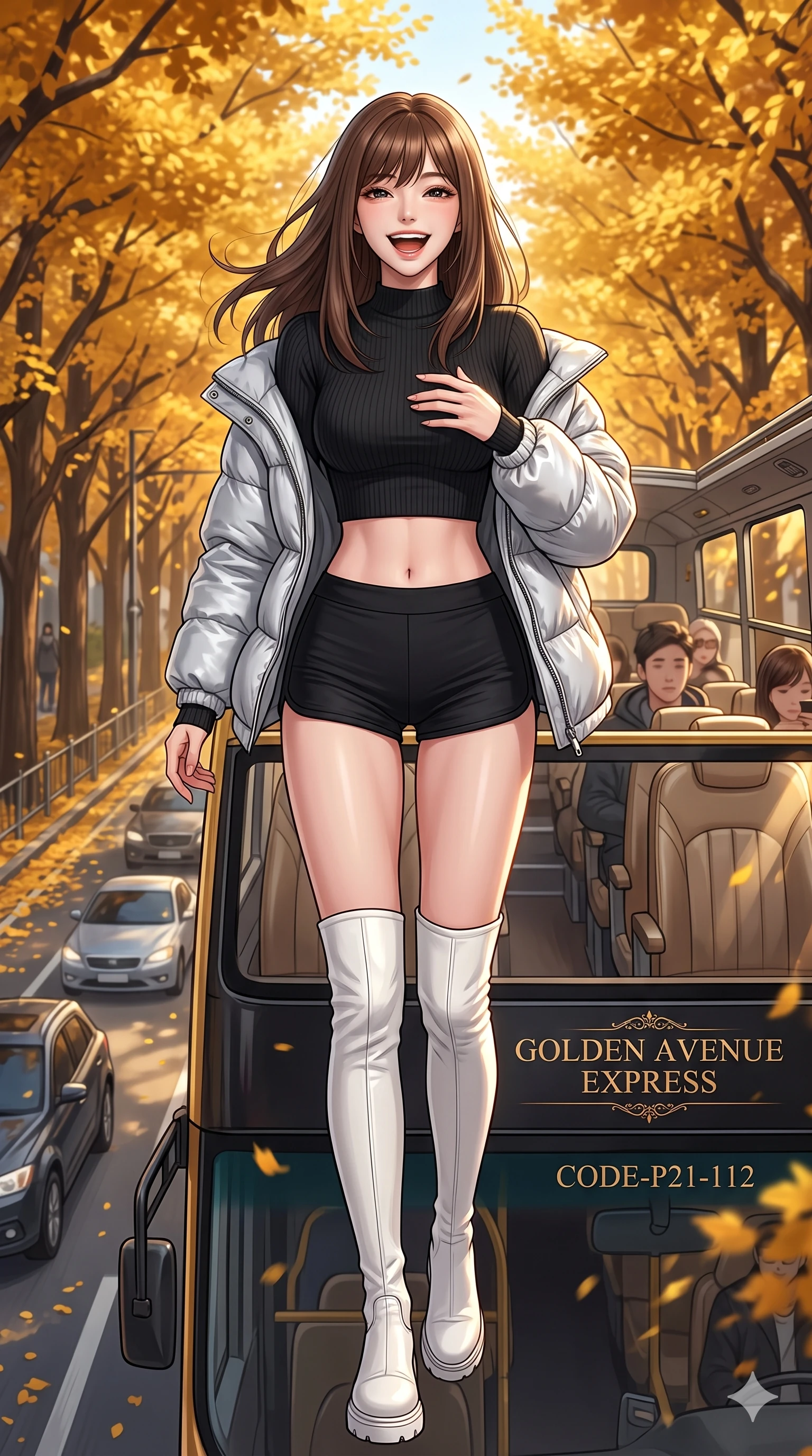 score_9, masterpiece, best quality, ultra-detailed, high-budget anime keyframe, vibrant anime aesthetic, Korean woman. cowboy shot from the thighs up, character and outfit filling the frame for maximum presence. She is posing with a cheerful winter laugh, looking directly into the lens with warm eyes on a luxury bus deck in a golden leaf avenue (Code-P21-112). She has an absolutely perfect 8-heads proportion, an exceptionally tall and slender female figure with impossibly long slender legs and an ultra-slim waist. V-shaped jawline, high-bridge nose, intricate jewel-like eyes with depth, thick eyelashes, glossy lips with a natural sheen. wearing a tight crop top with bare midriff and micro-shorts in winter. She is cool, bright winter sky reflections from all sides, outlining her tall slender figure. 2k, ultra detail, master piece, 9:16 ratio