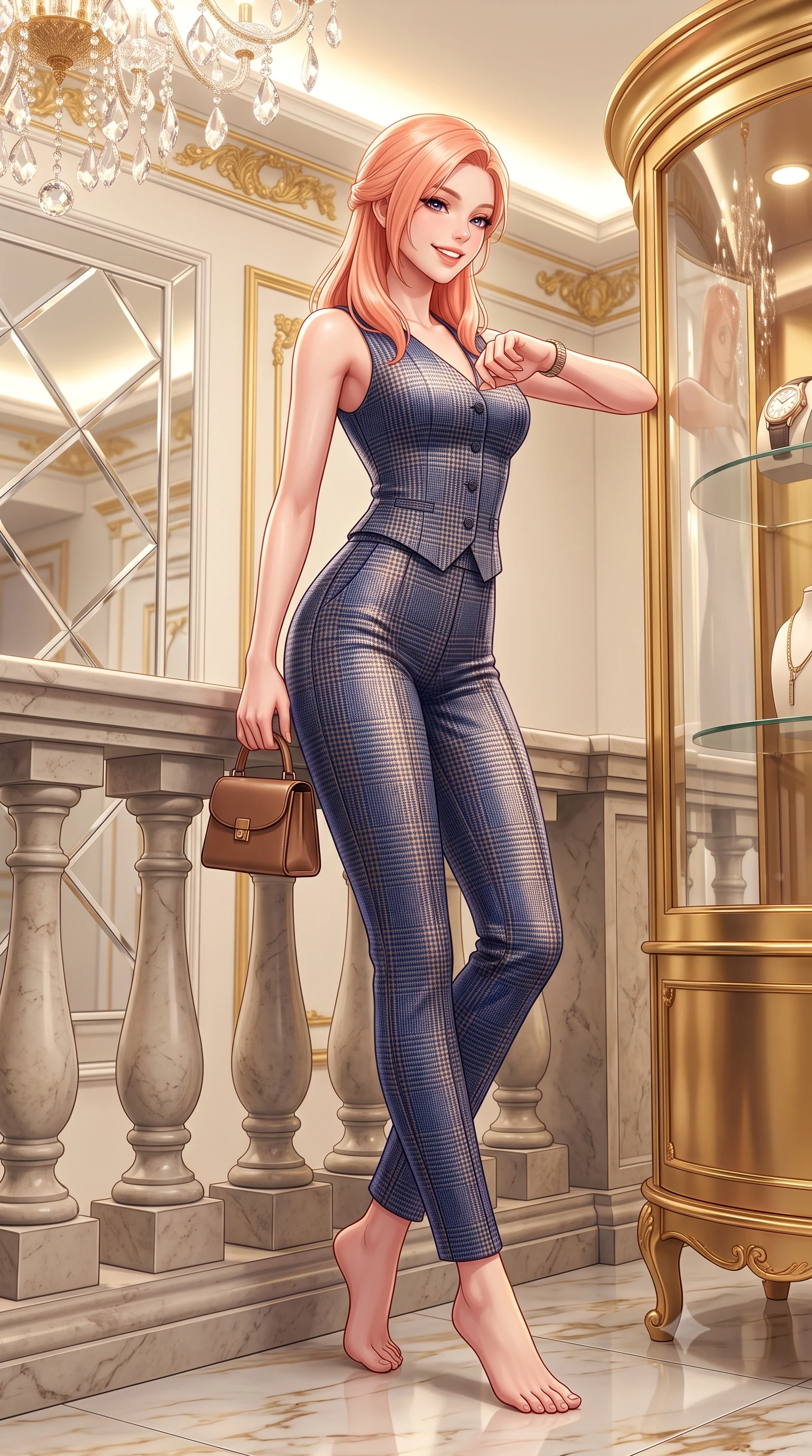 score_9, masterpiece, best quality, ultra-detailed, high-budget anime keyframe, semi-realistic 3D game render, editorial fashion photography, tasteful artistic composition, Japanese woman. low angle full-body shot from head to toe showing her feet, filling the entire 9:16 vertical frame with her statuesque presence, stretching her vertical silhouette. standing poised beside the classical stone balustrade with one foot slightly forward, arching her lower back with regal supermodel grace while leaning gracefully against the curved gilded vitrine examining a luxury timepiece, her posture straight and commanding with aristocratic cool. The surrounding environment is rendered in vivid detail and crisp panoramic clarity: sharp beveled mirror frames, polished Calacatta gold marble floor veining, and gilded acanthus leaf moldings in deep focus. She has an exceptionally tall and slender model-like 8.5-heads proportion, an ultra-slim waist, a flat toned midriff, narrow delicate ribcage, and beautifully sculpted feminine hips creating a graceful, slim hourglass silhouette without any bulky heaviness, with impossibly long slender legs. sharp v-shaped jawline, high-bridge nose, intricate jewel-like sparkling eyes with depth, thick eyelashes, glossy parted lips with a natural peach sheen, bright cheerful beaming smile with an enchanting and coquettish sensual glint, exuding both youthful cute charm and seductive allure, flawlessly proportioned anatomical accuracy, strict slender model proportions, natural body alignment, perfectly sculpted long slender limbs, ultra-slim waistline, clean dynamic posture without body distortion. wearing a sleek Prince of Wales check tailored vest bodice hugging her torso, paired with matching ultra-high-rise cigarette trousers in royal sapphire blue and antique brushed bronze, woven from stretch metallic lurex knit casting subtle luminous champagne glints across her contours, finished with a structured leather micro-bag held lightly at her hip, the glove-like clinging cut tightly following the natural contour of her hips and long slender legs with youthful 8.5-heads elegance. bathed in brilliant 3500K warm-white cove illumination and glittering multi-faceted crystal chandelier reflections. highly saturated vibrant anime colors, detailed shading with soft gradients, rich glossy textures, high-contrast stereoscopic depth, volumetric dynamic lighting, master piece, 9:16 ratio